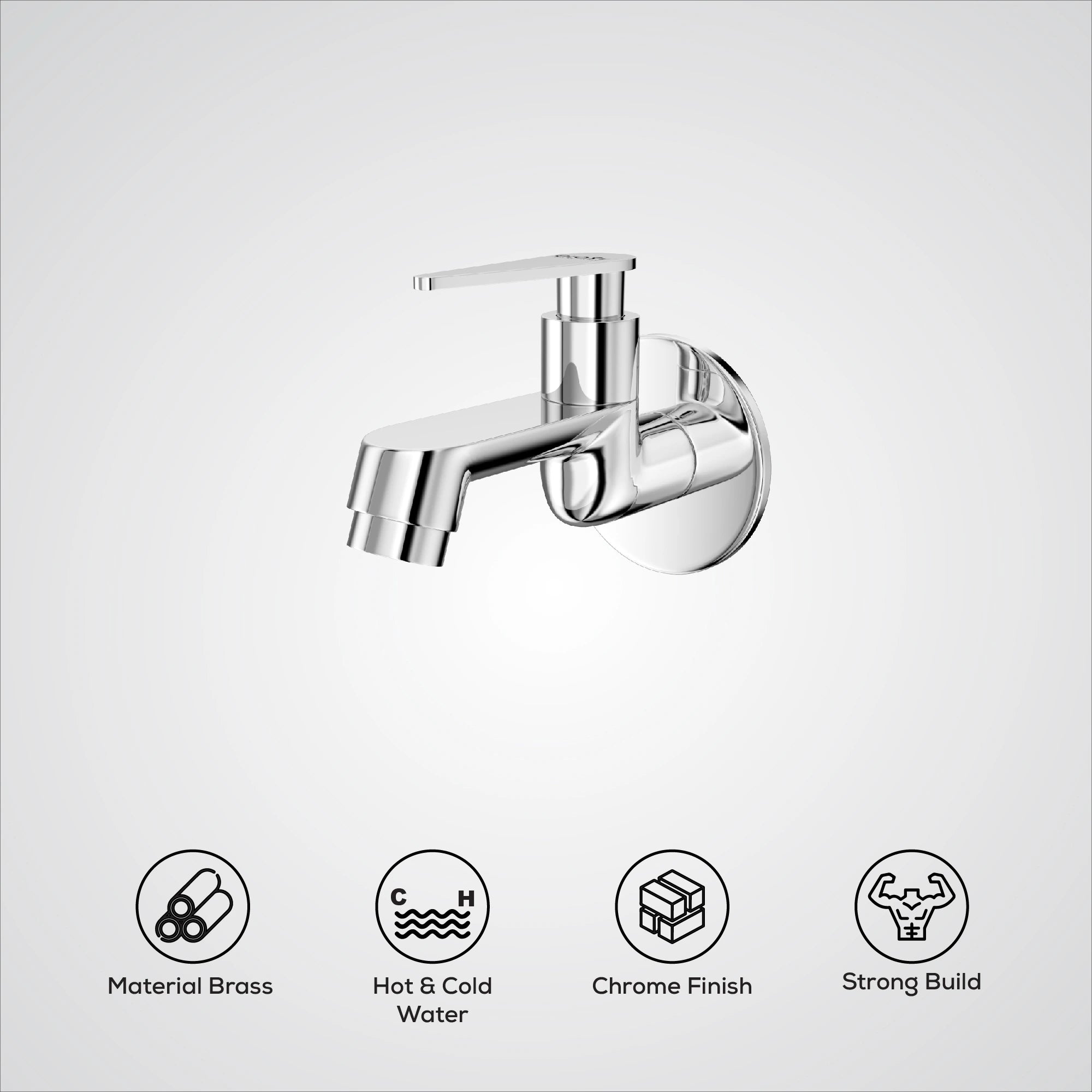 Chrome faucet on a white background with feature icons.