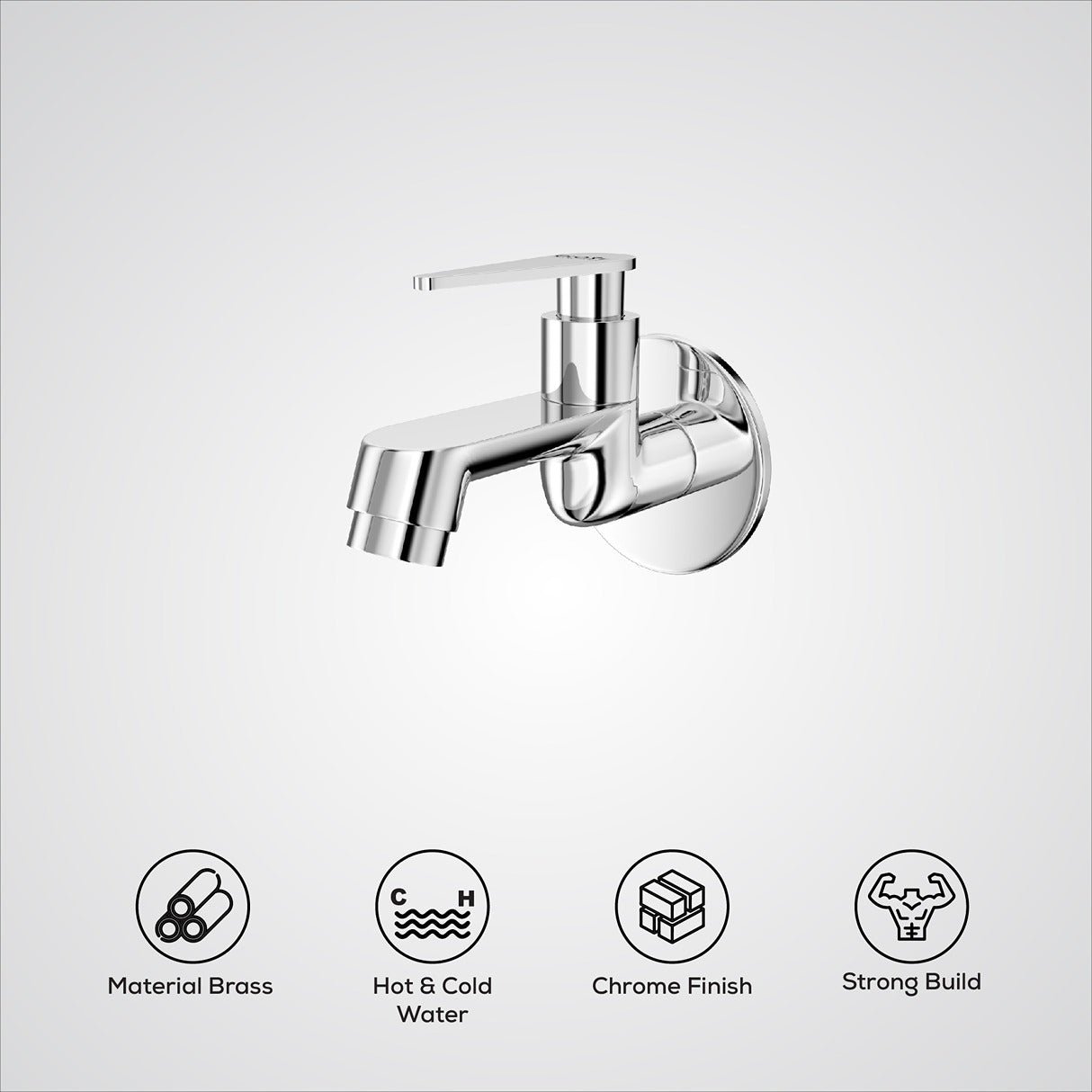 Chrome faucet with material, water type, finish, and build features on a white background