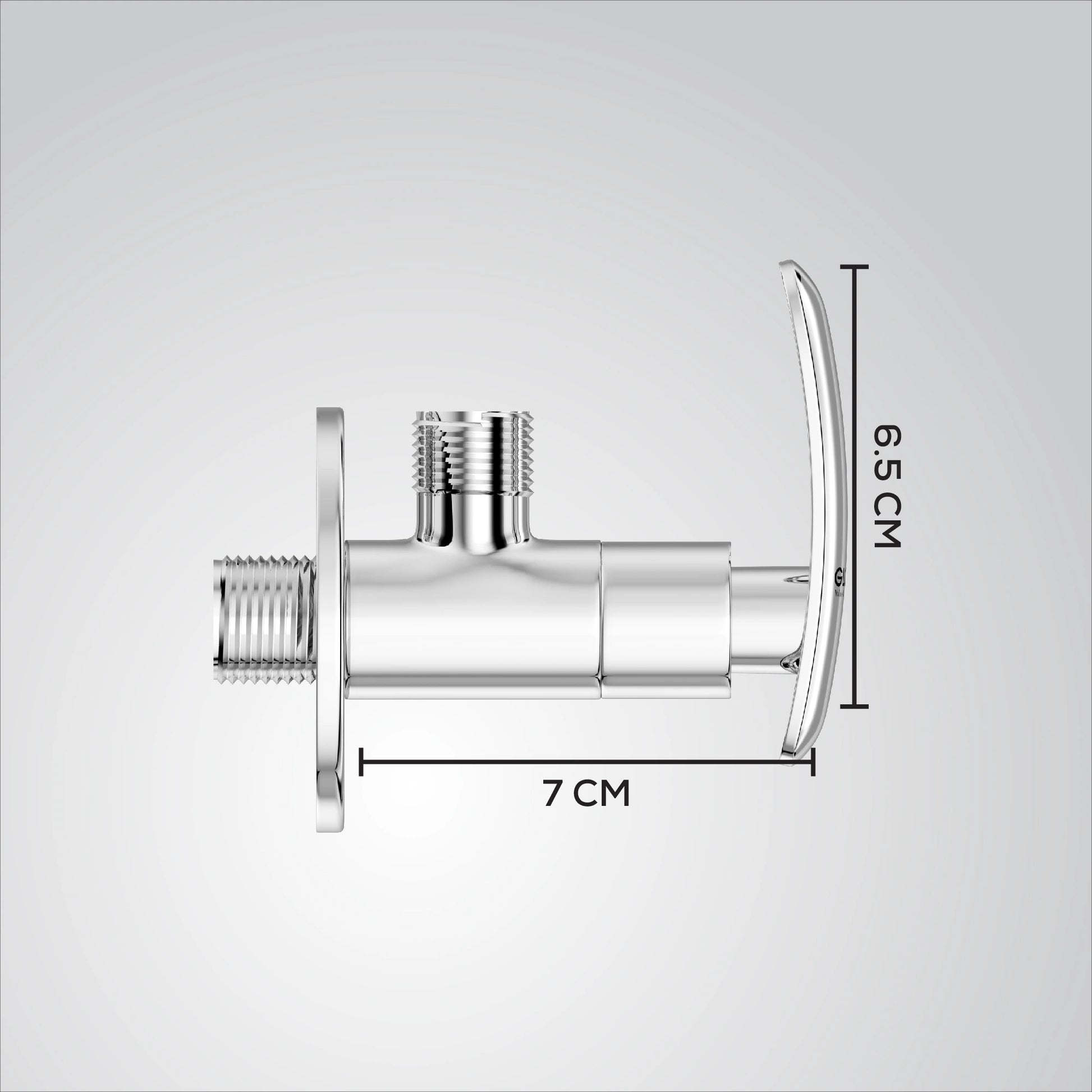 Chrome valve with measurements on a gray background