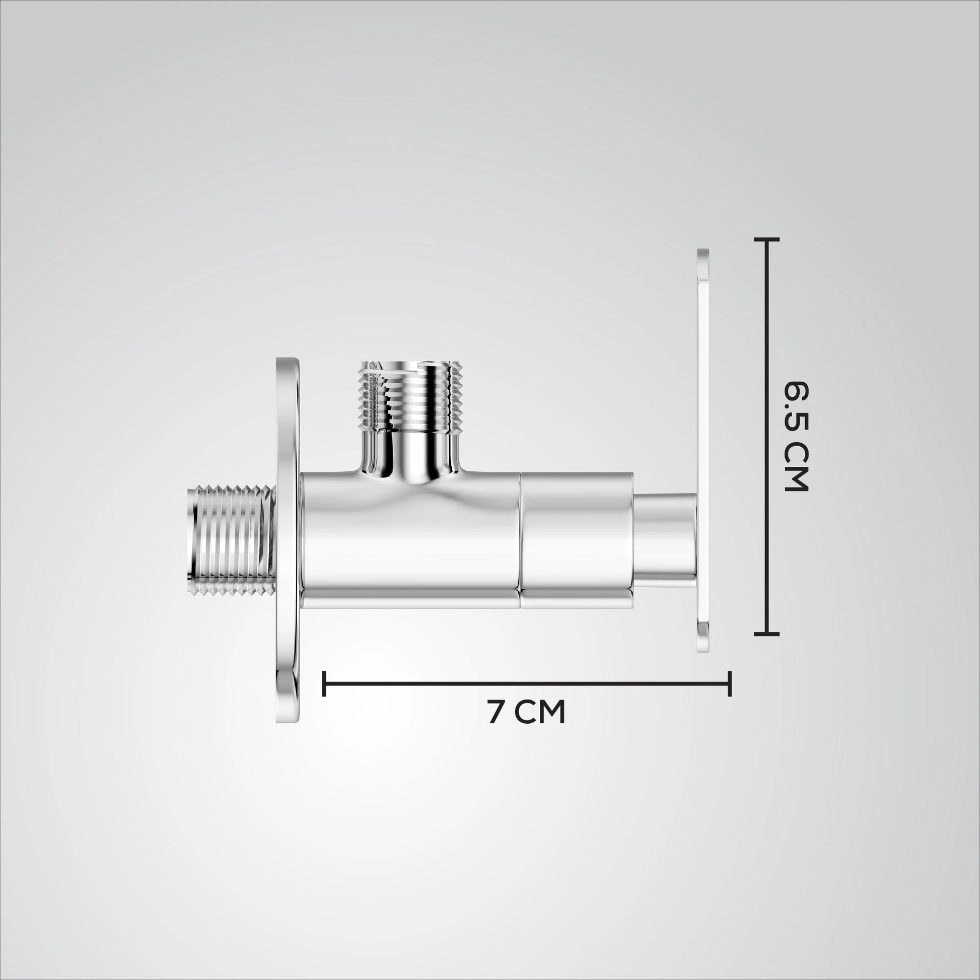 Chrome valve with dimensions marked on a gray background