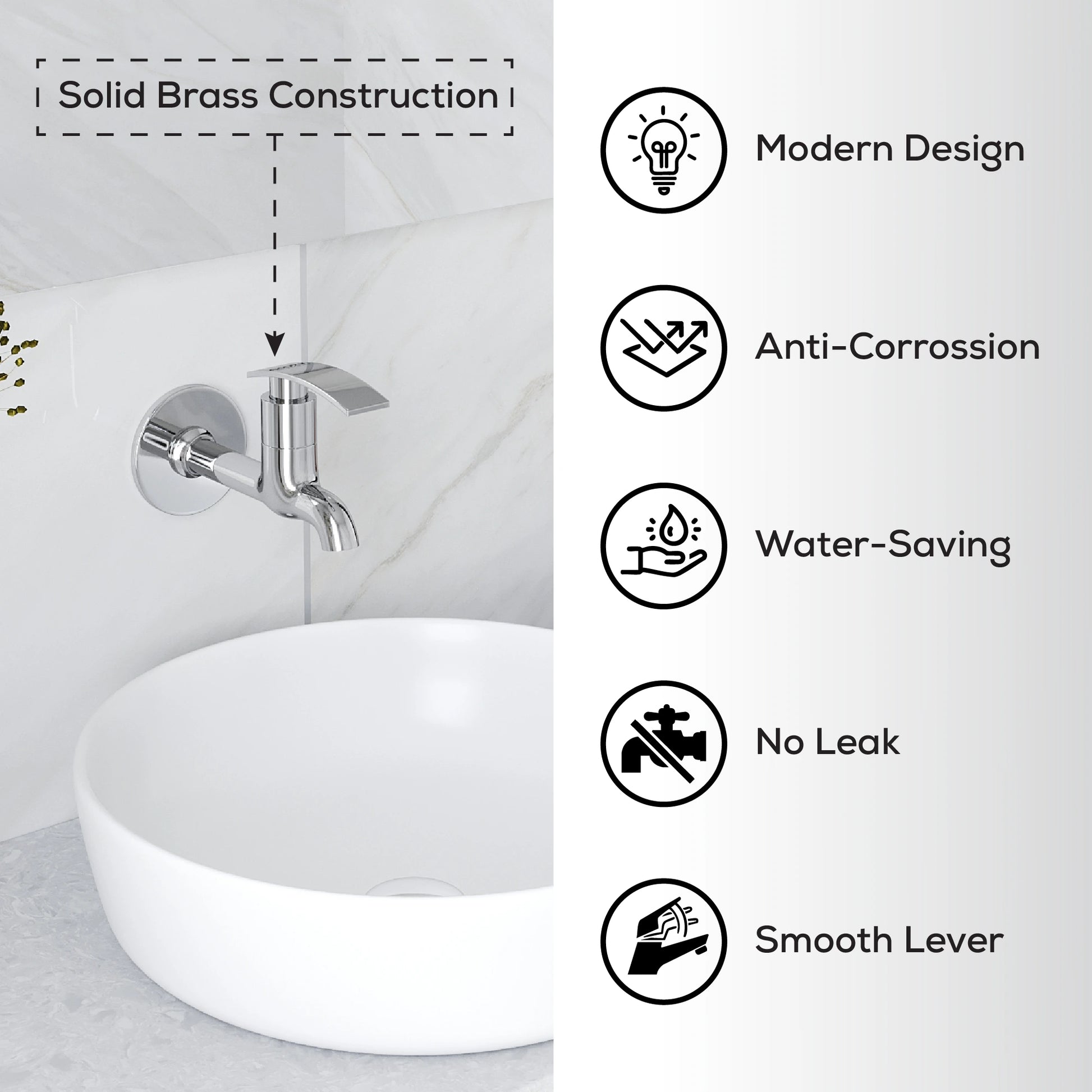 Chrome wall-mounted faucet with sink, featuring solid brass construction and water-saving design.