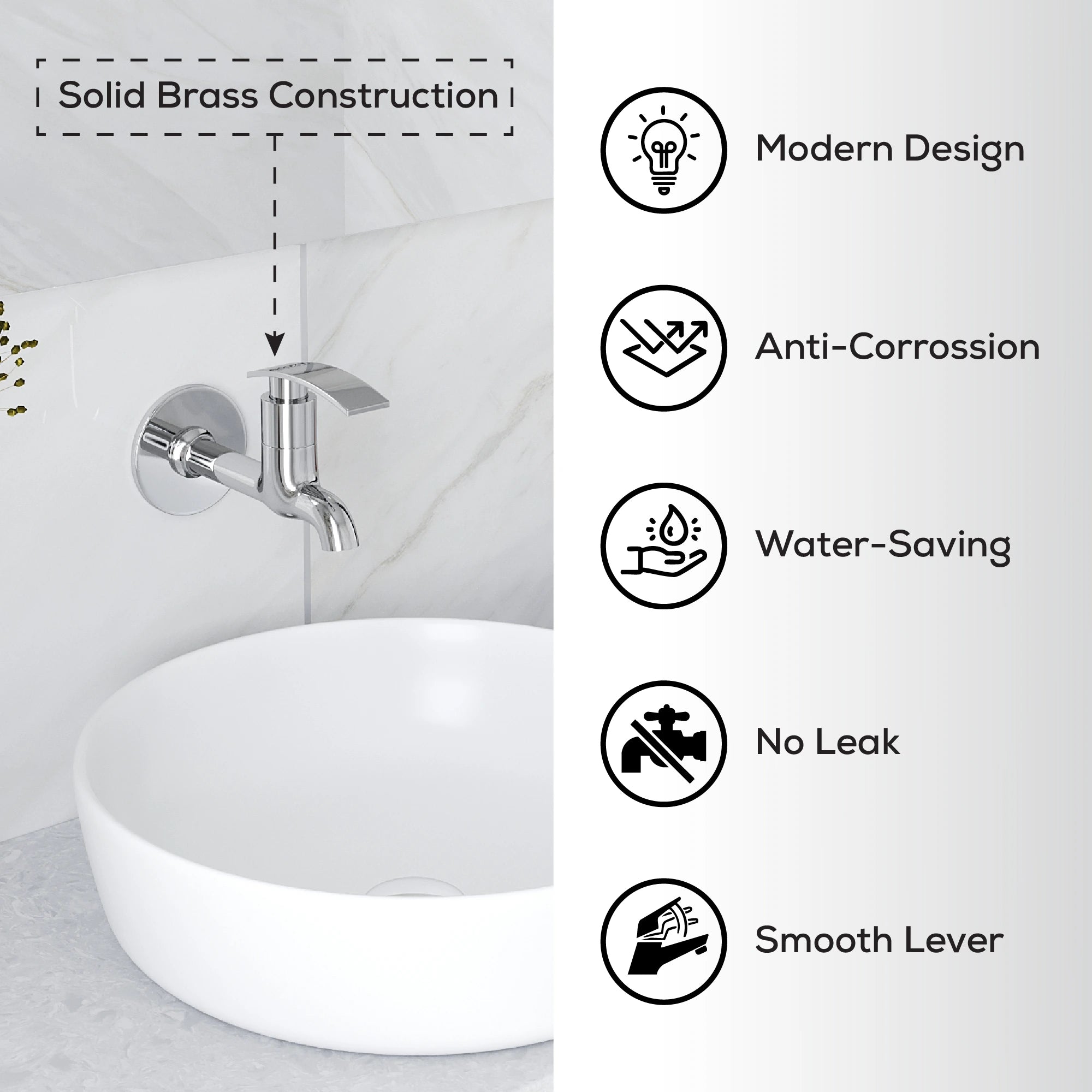 Chrome wall-mounted faucet with sink, featuring solid brass construction and water-saving design.
