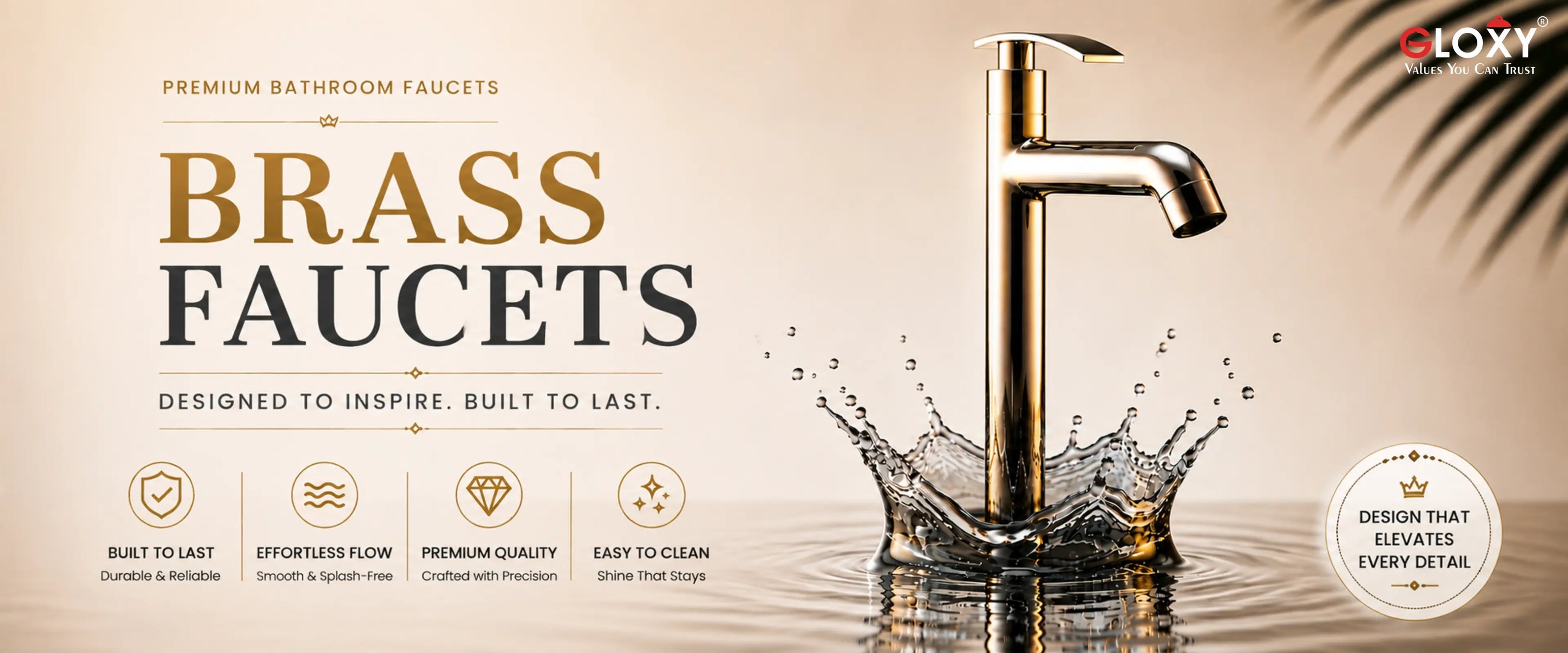A premium brass bathroom faucet shown with a water splash and ripples on a warm beige background, with large text reading 'BRASS FAUCETS' and smaller marketing copy. A small 'CLOXY' brand mark appears in the top right corner.