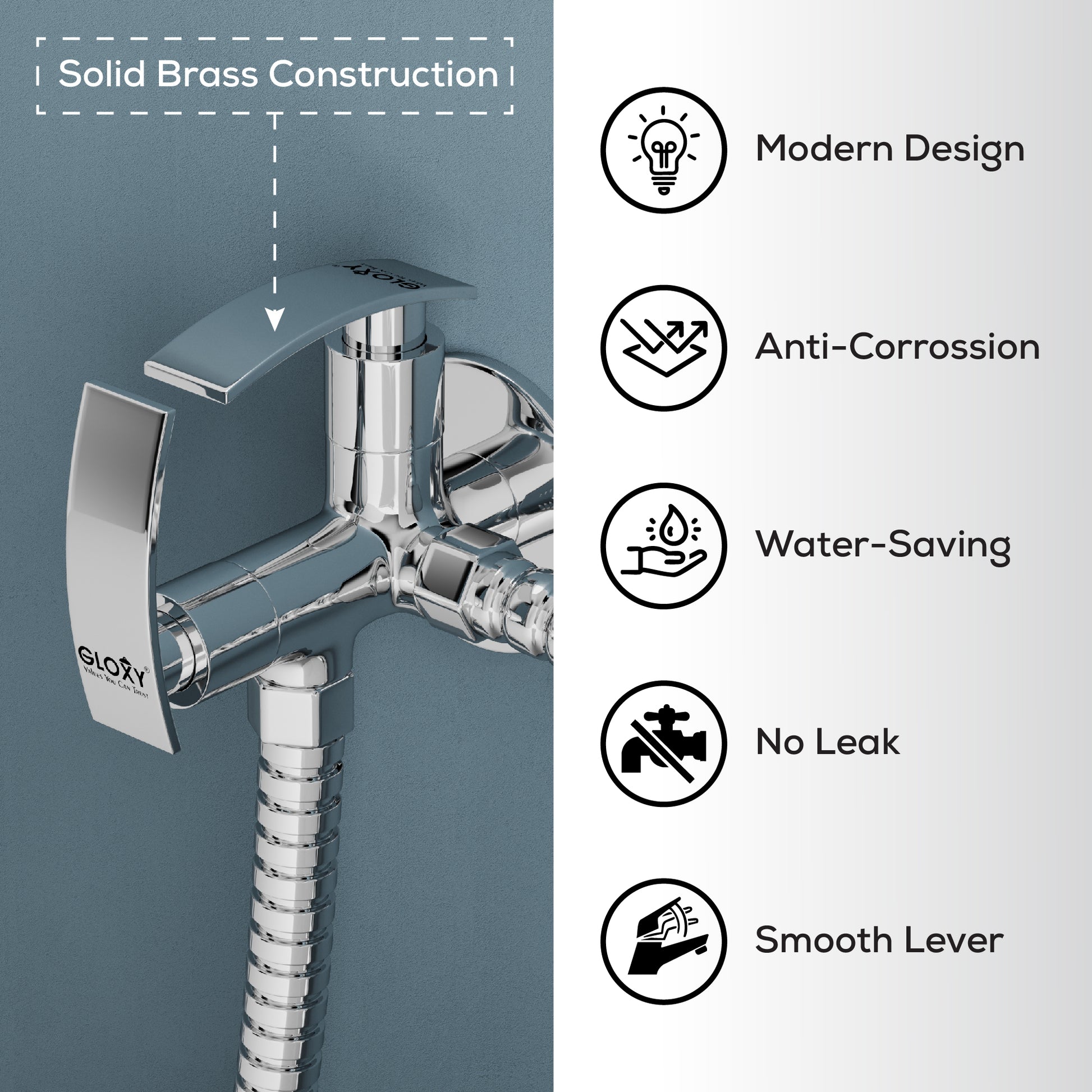 Chrome faucet with features listed on a gray and white background
