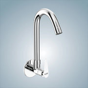 A wall-mounted chrome-finished brass faucet with a long neck and a single lever for kitchen, sink, or wash basin.