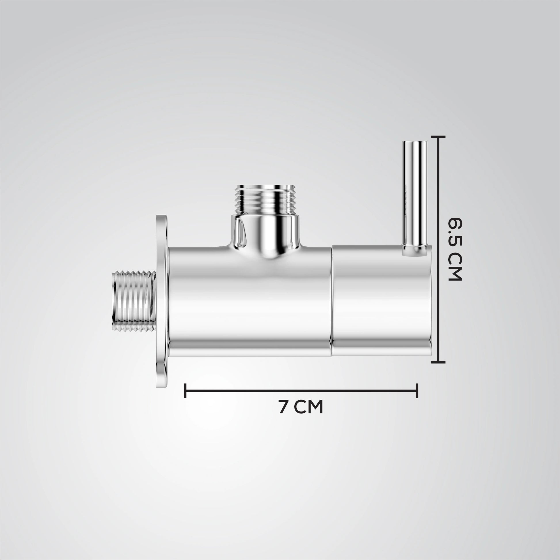 Metal valve with dimensions marked on a gray background