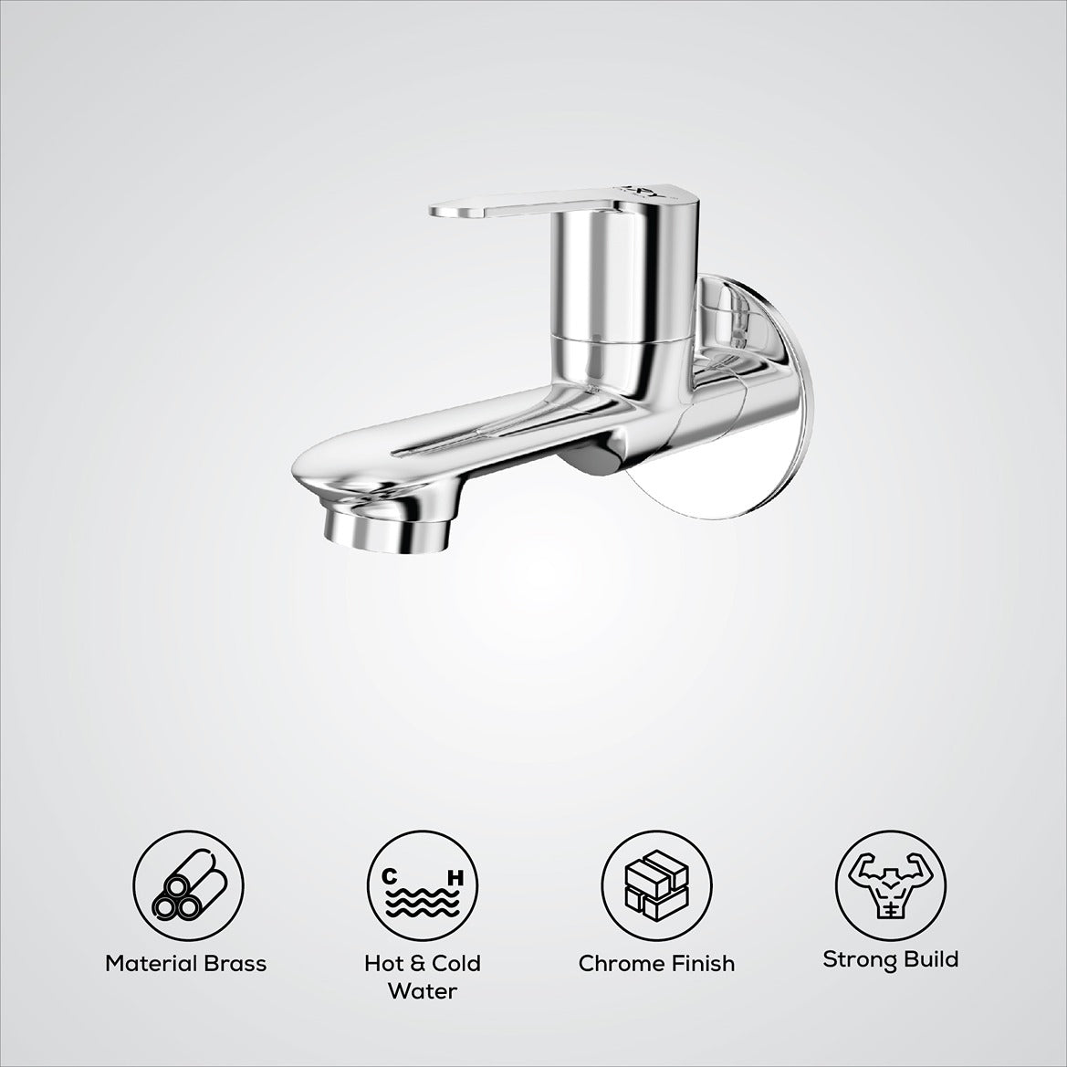 Chrome wall-mounted faucet with feature icons on a light gray background