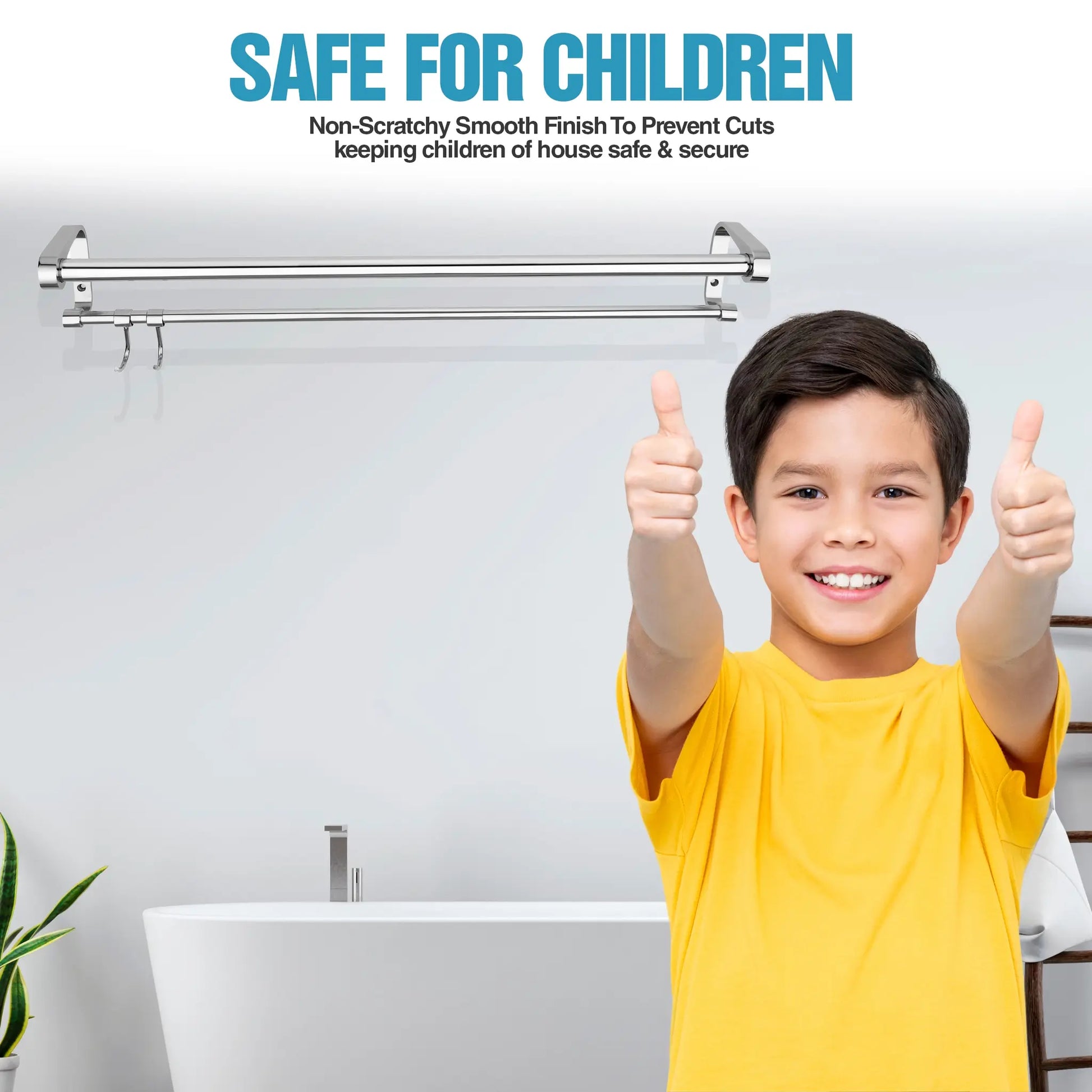 Chrome finish towel and napkin holder bar mounted in bathroom, shown with child in yellow shirt
