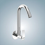 A chrome finish wall mounted brass swan neck faucet with a 360-degree swivel design, suitable for kitchen sinks and bathroom faucets.