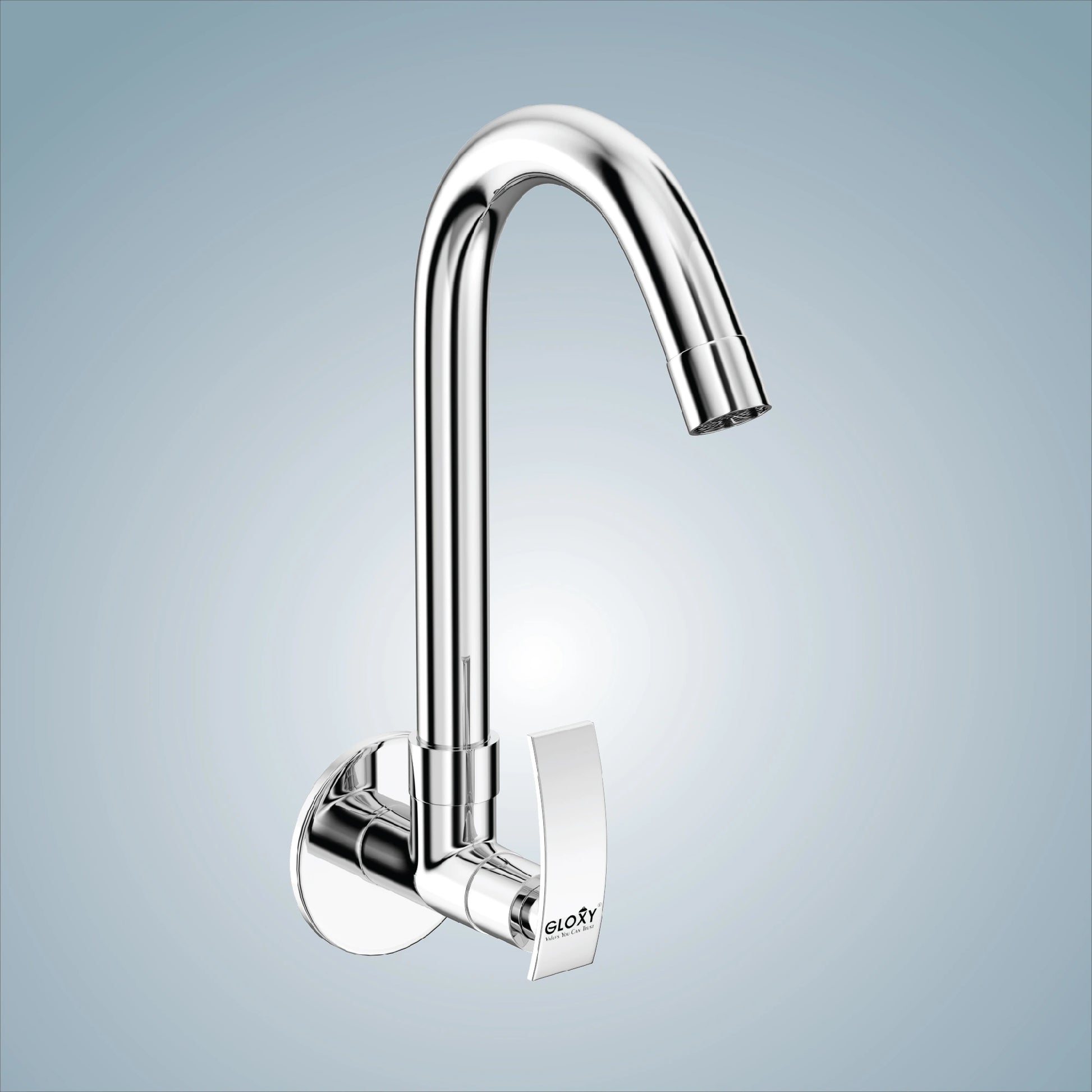 A chrome finish wall mounted brass swan neck faucet with a 360-degree swivel design, suitable for kitchen sinks and bathroom faucets.