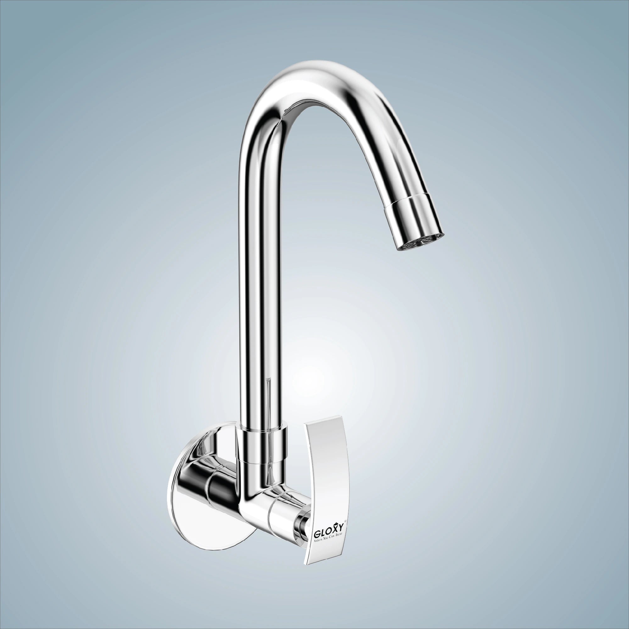 A chrome finish wall mounted brass swan neck faucet with a 360-degree swivel design, suitable for kitchen sinks and bathroom faucets.