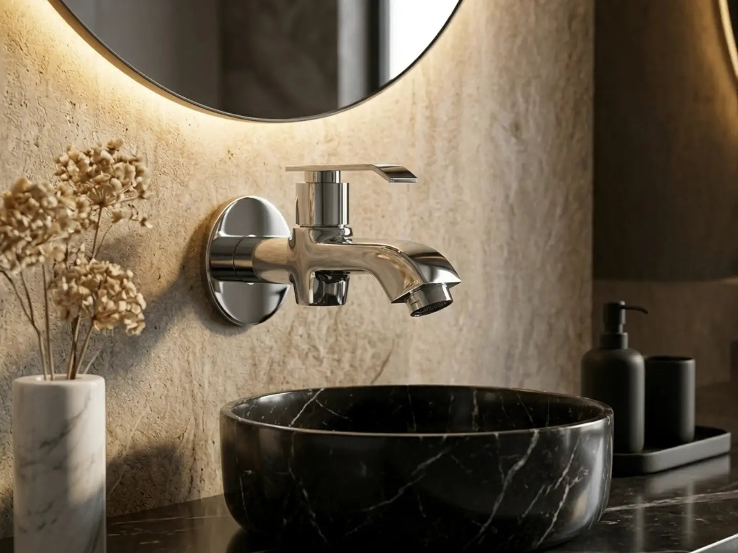 A modern wall-mounted chrome faucet above a black marble vessel sink, set in a bathroom with a textured beige stone wall, a round mirror, and a vase of dried flowers.