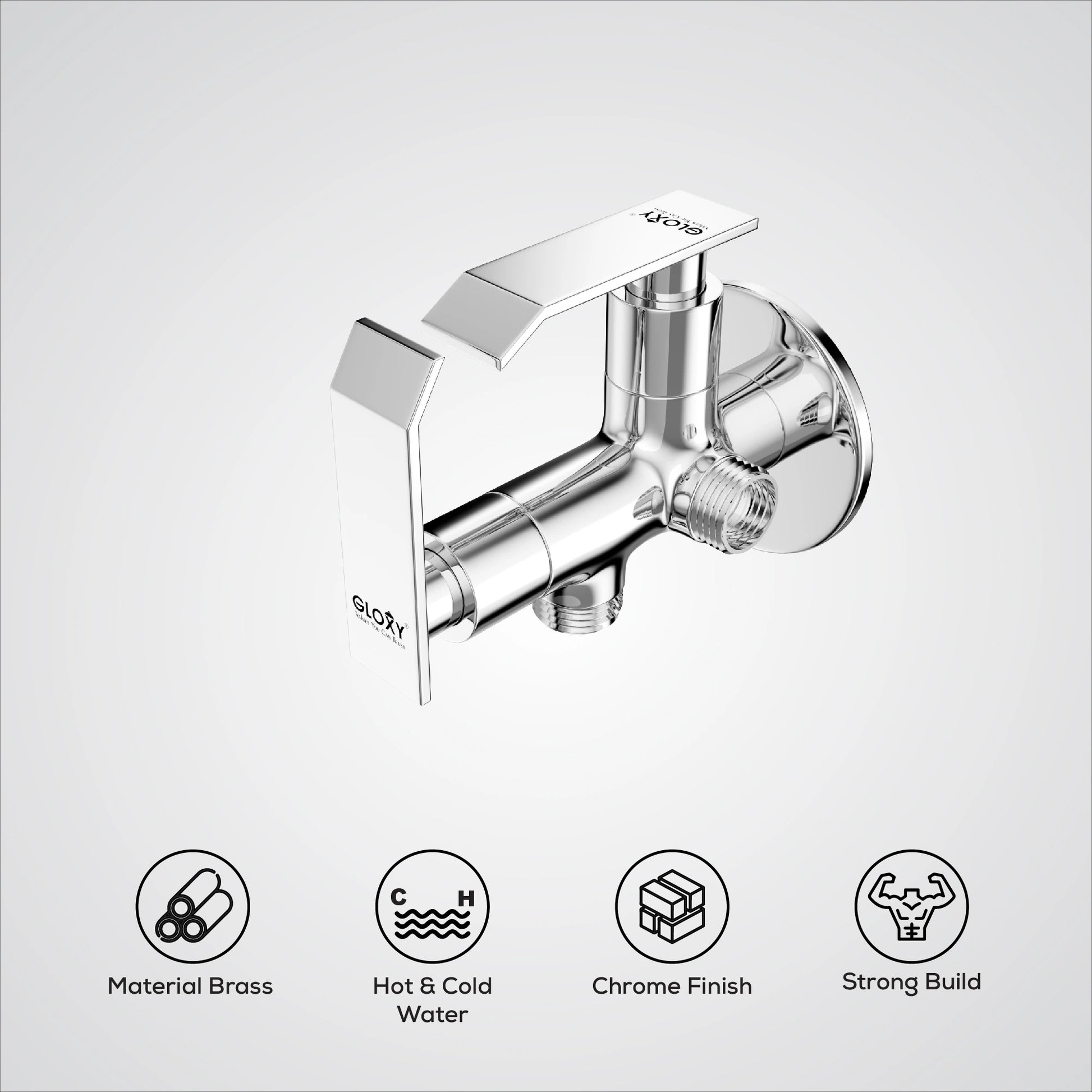 Chrome angle valve on a white background with feature icons.