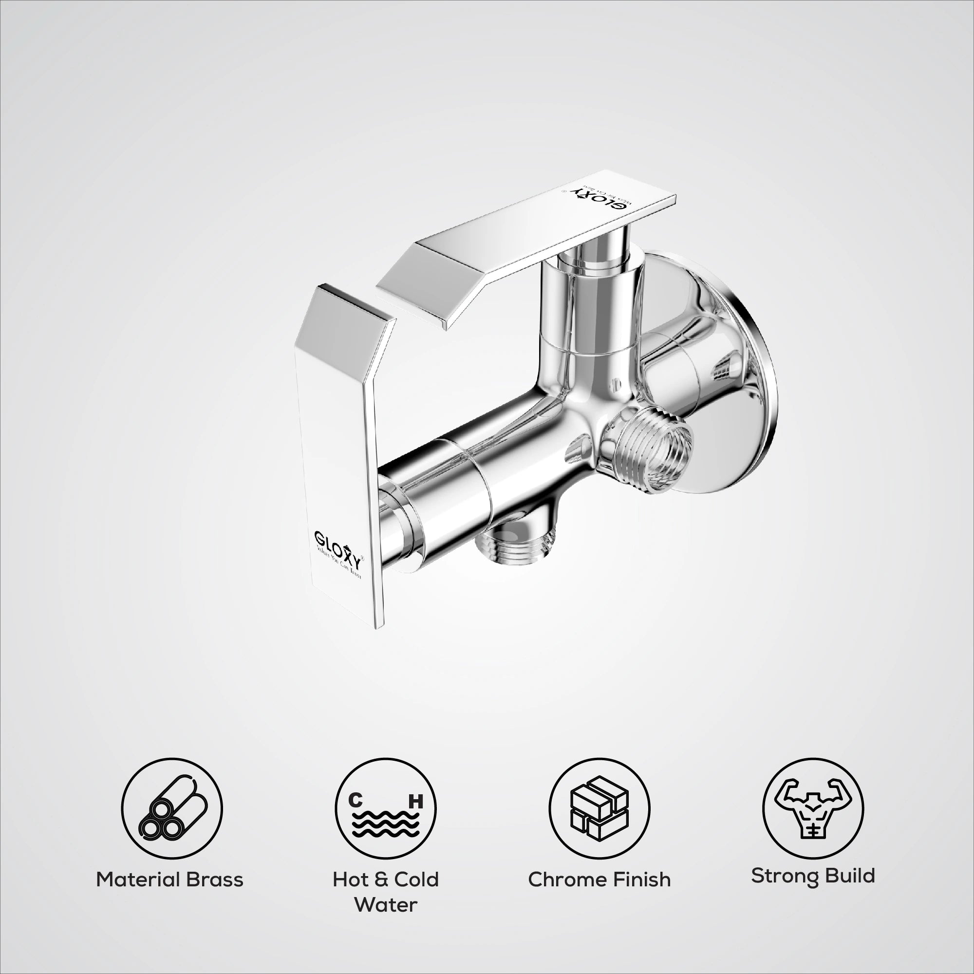 Chrome angle valve on a white background with feature icons.
