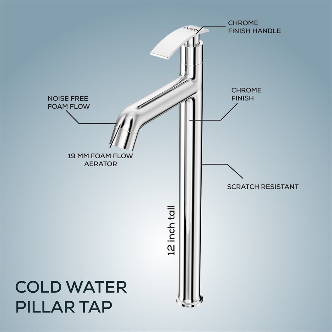 Chrome cold water pillar tap with labeled features on a light blue background
