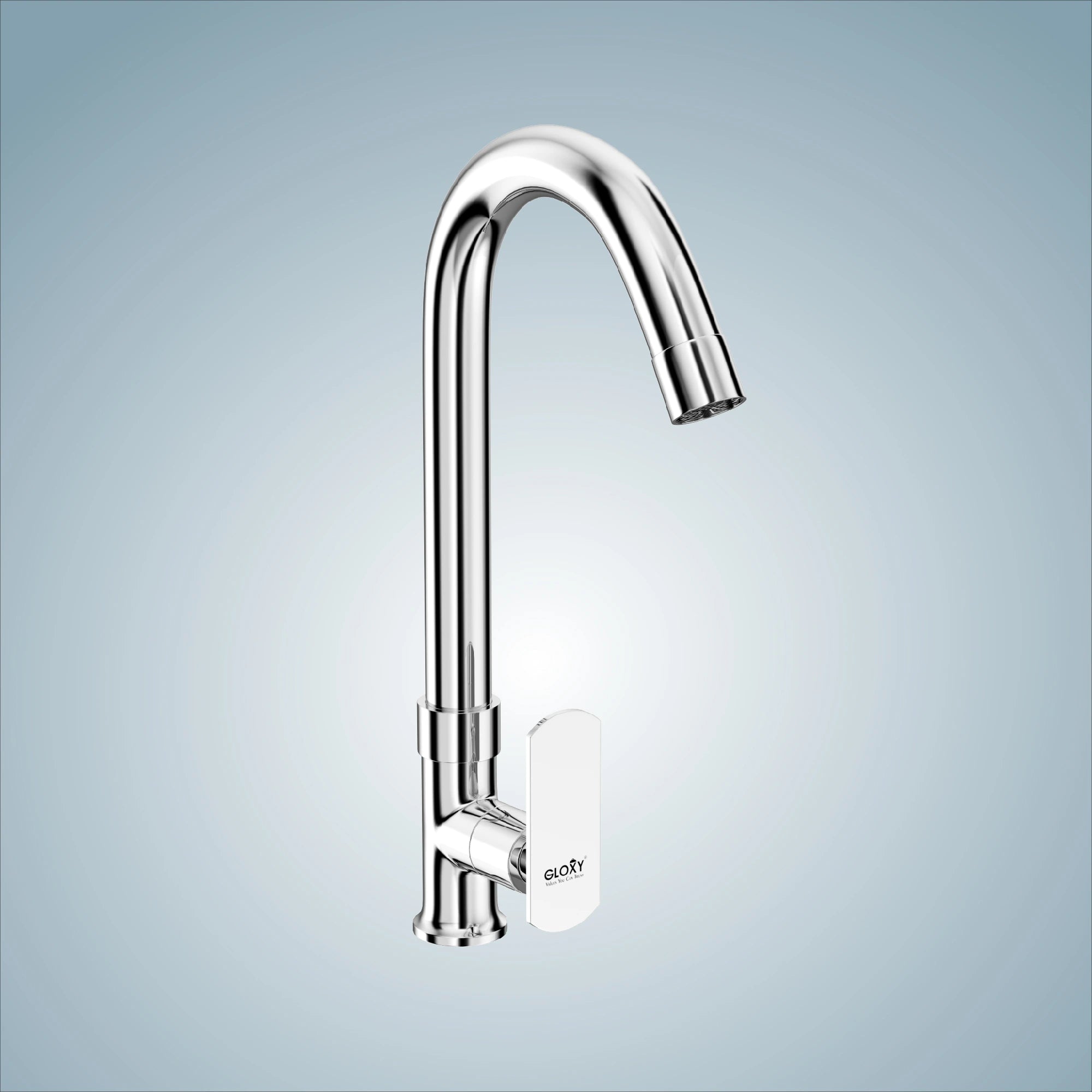 A chrome finish swivel spout deck mount swan long neck brass faucet tap cock designed for kitchen, sink, or wash basin.