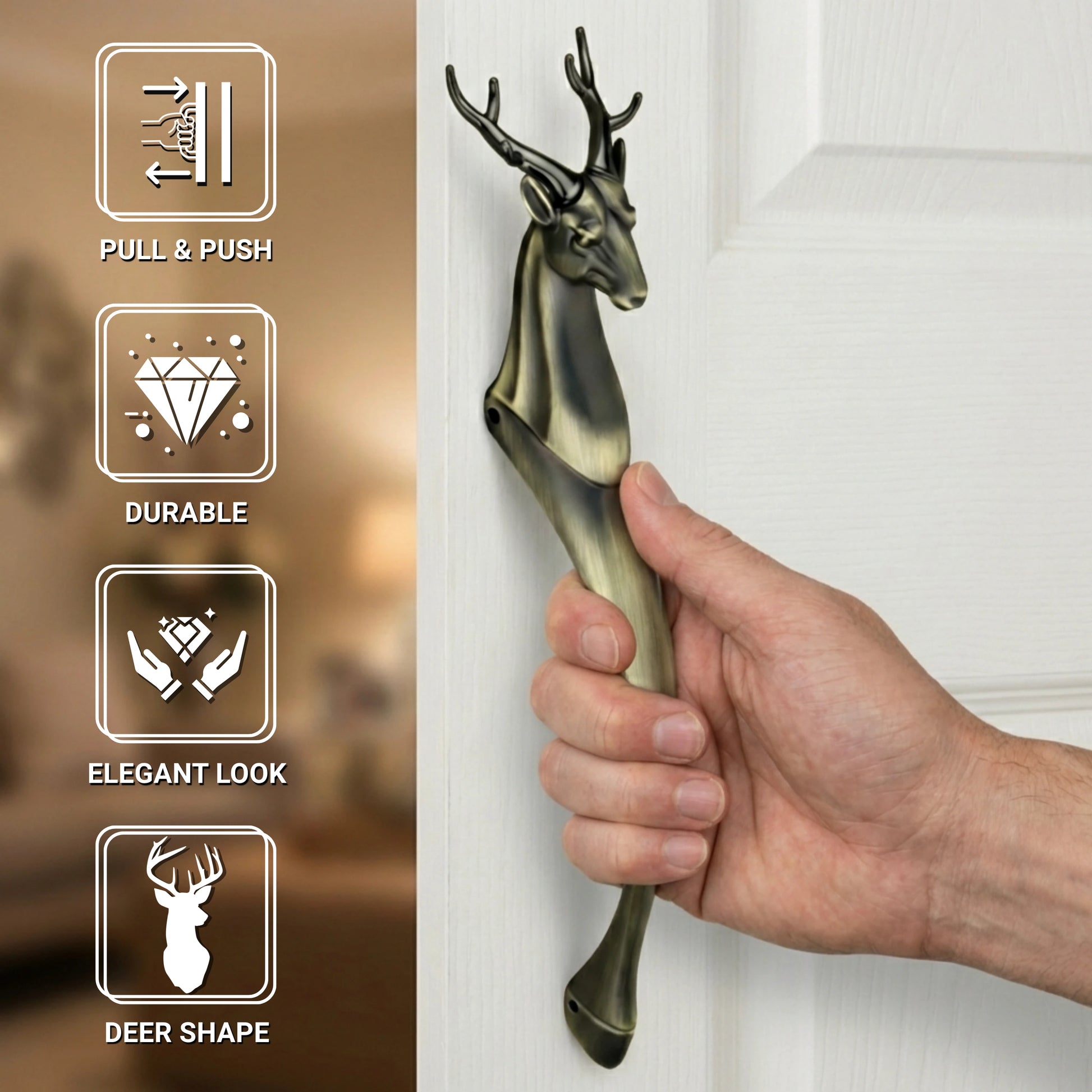 Gloxy Deer Shape Aluminium Door Handle Front Door 21 Inch -Antique