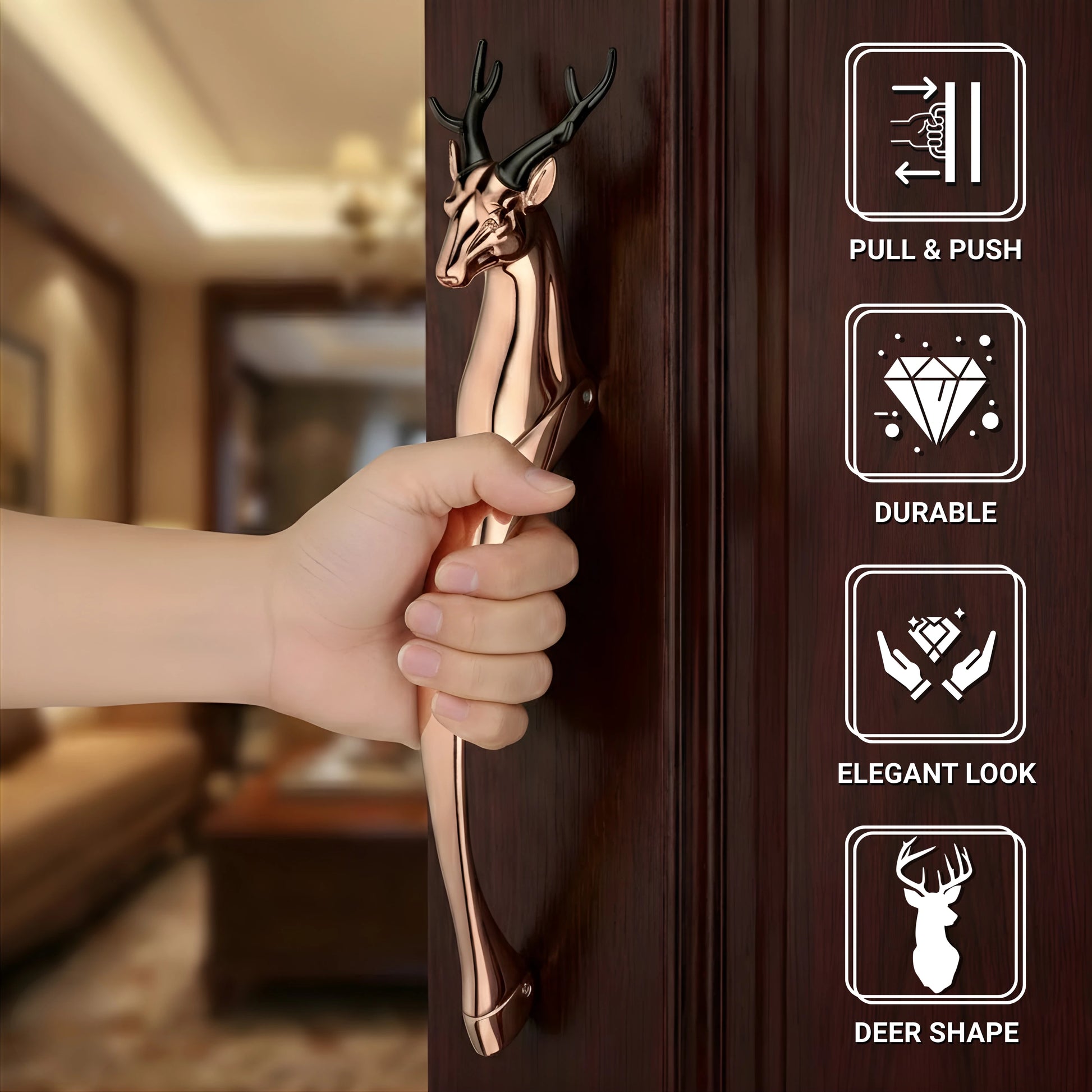 Gloxy Deer Shape Aluminium Front Door Handle 12 Inch -Rose Gold