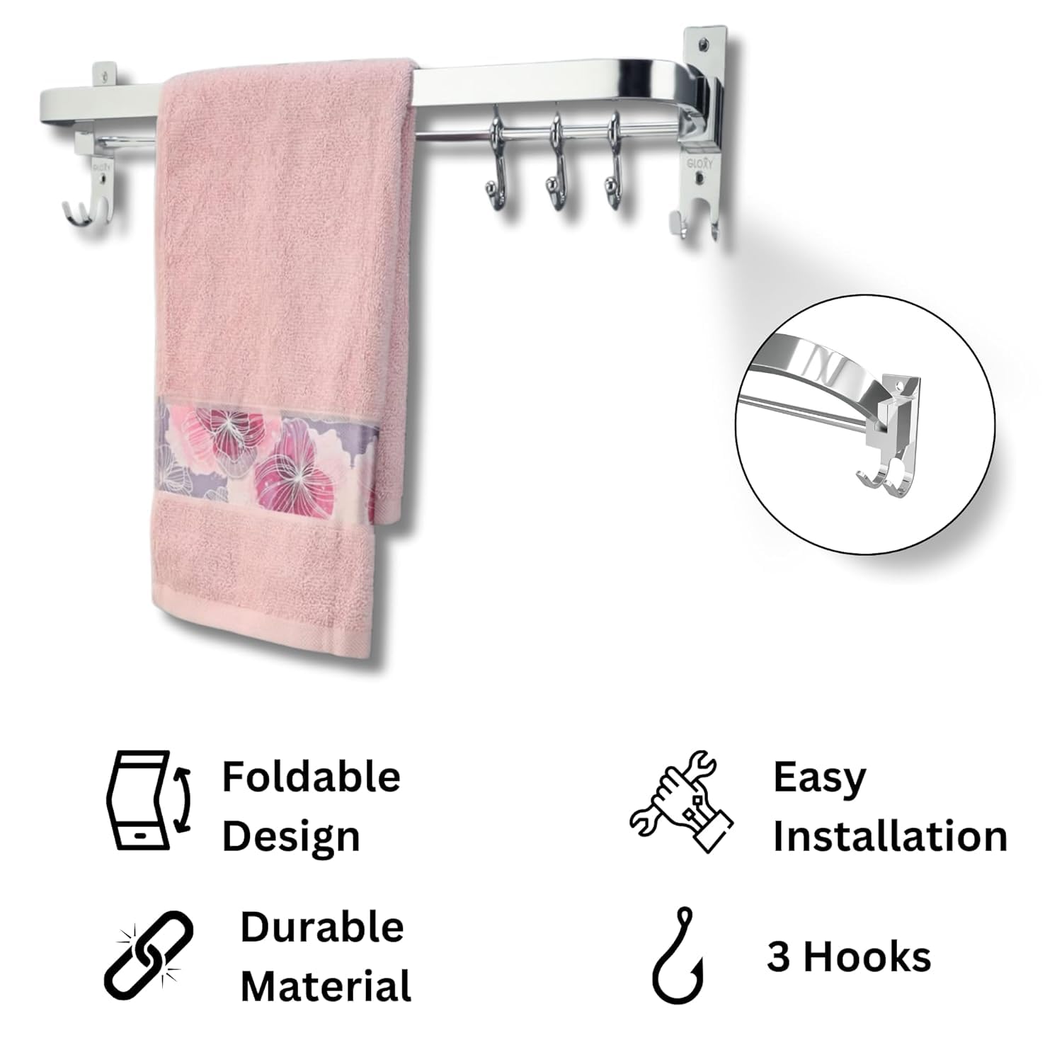 Towel rack with pink towel and hook details on a white background.