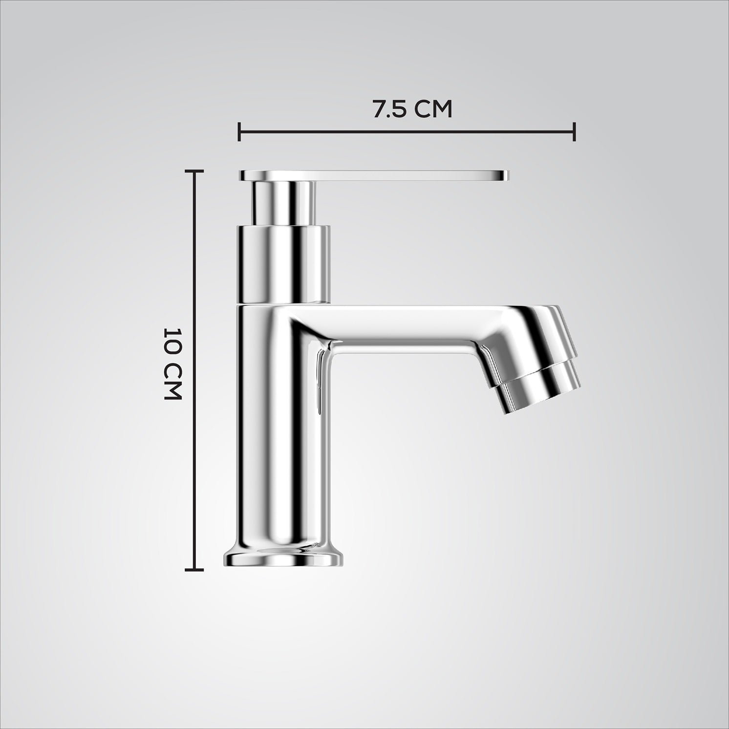 Chrome kitchen faucet with dimensions on a light gray background
