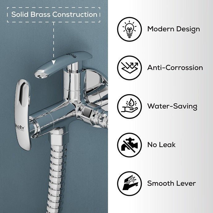 Chrome faucet with features listed on a gray and white background
