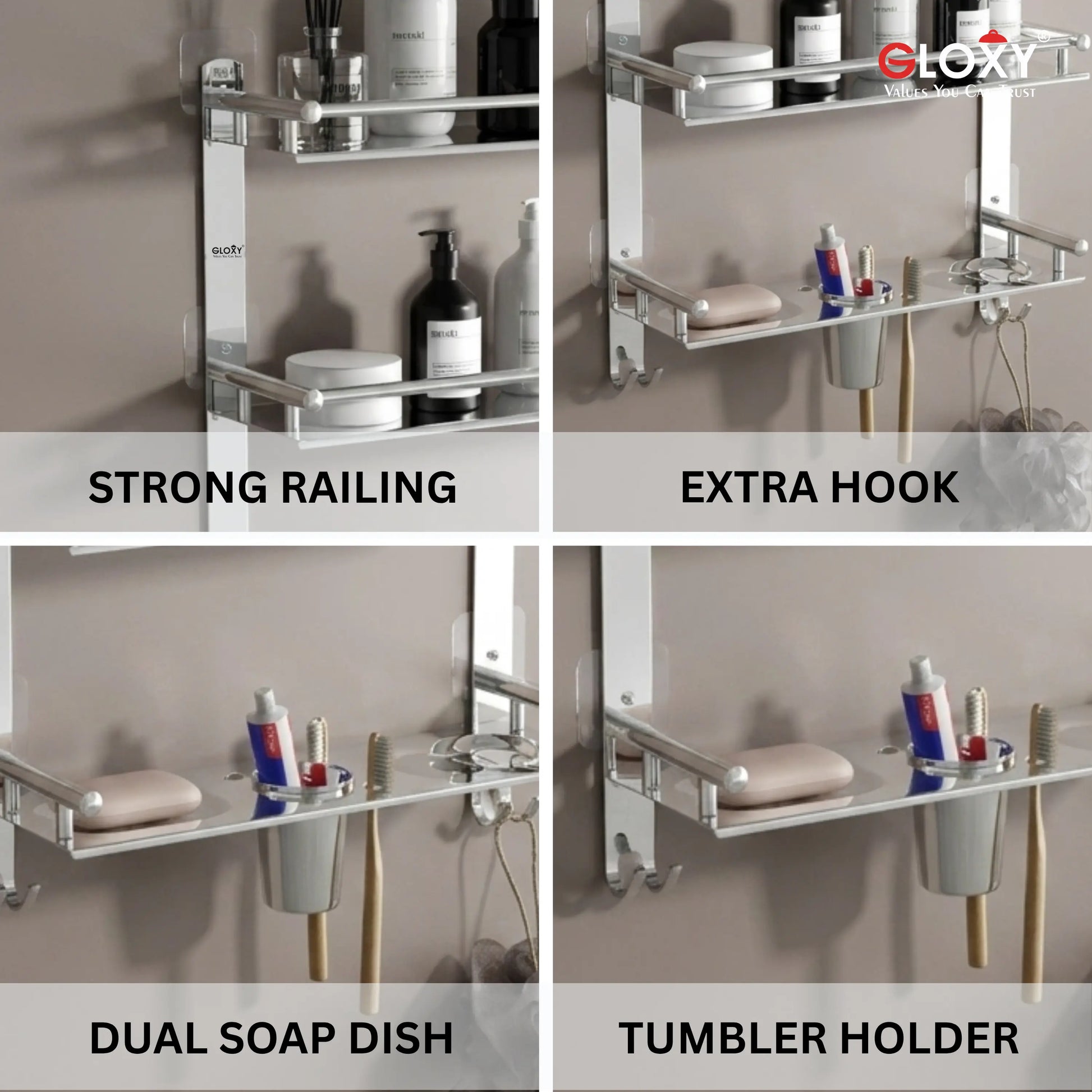 A 2x2 collage showing a wall-mounted bathroom organizer shelf in use. The top-left panel shows bottles and toiletries on the shelf with the text 'STRONG RAILING'.