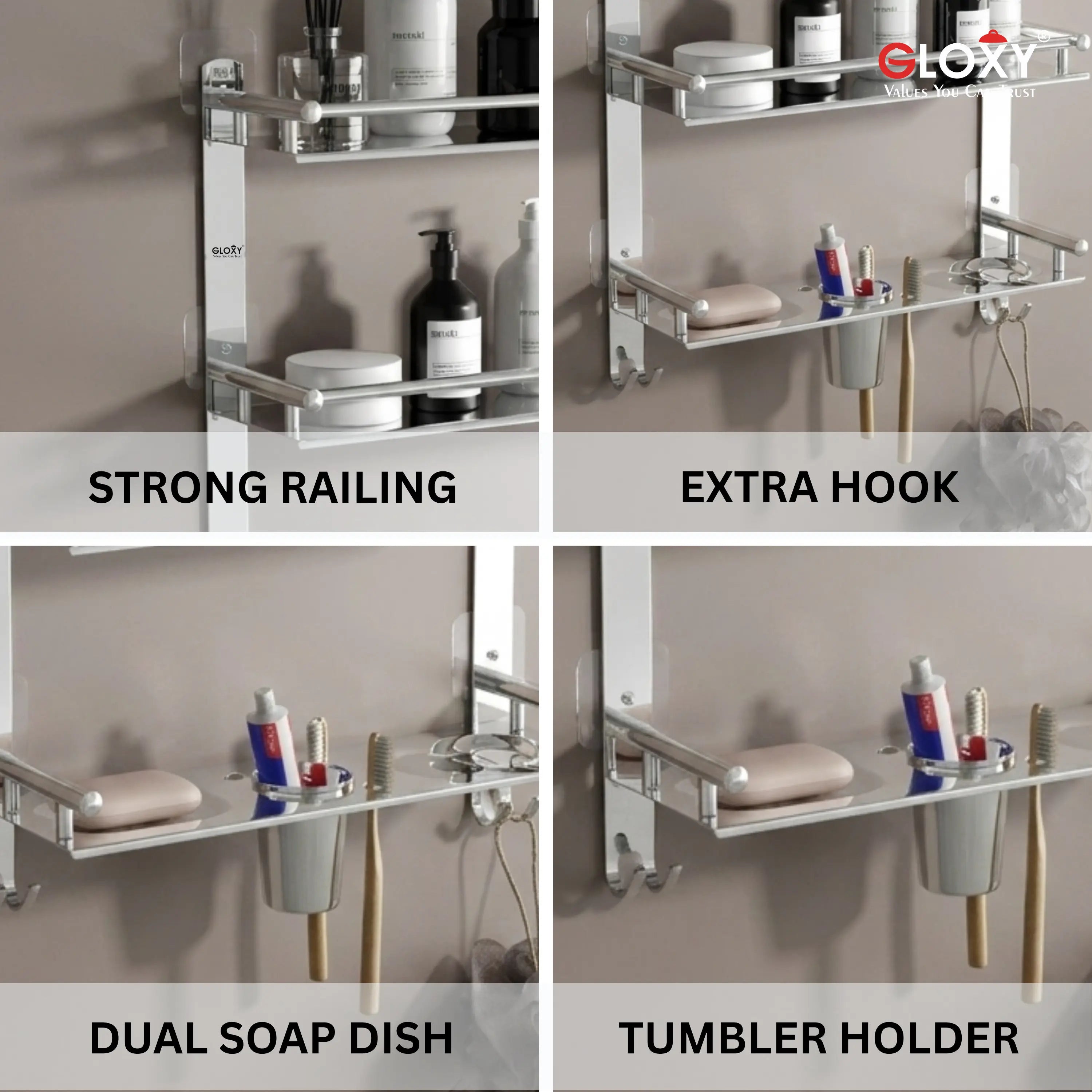A 2x2 collage showing a wall-mounted bathroom organizer shelf in use. The top-left panel shows bottles and toiletries on the shelf with the text 'STRONG RAILING'.