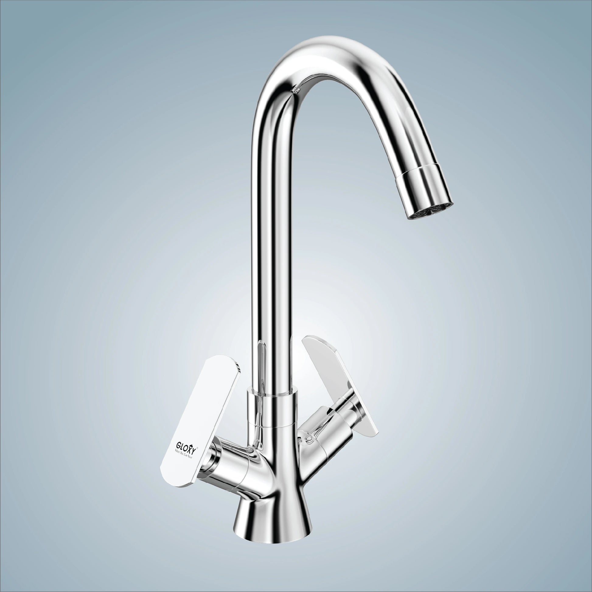 Deck mounted Gloxy daboule lever brass faucet with chrome finish and 360° swivel spout
