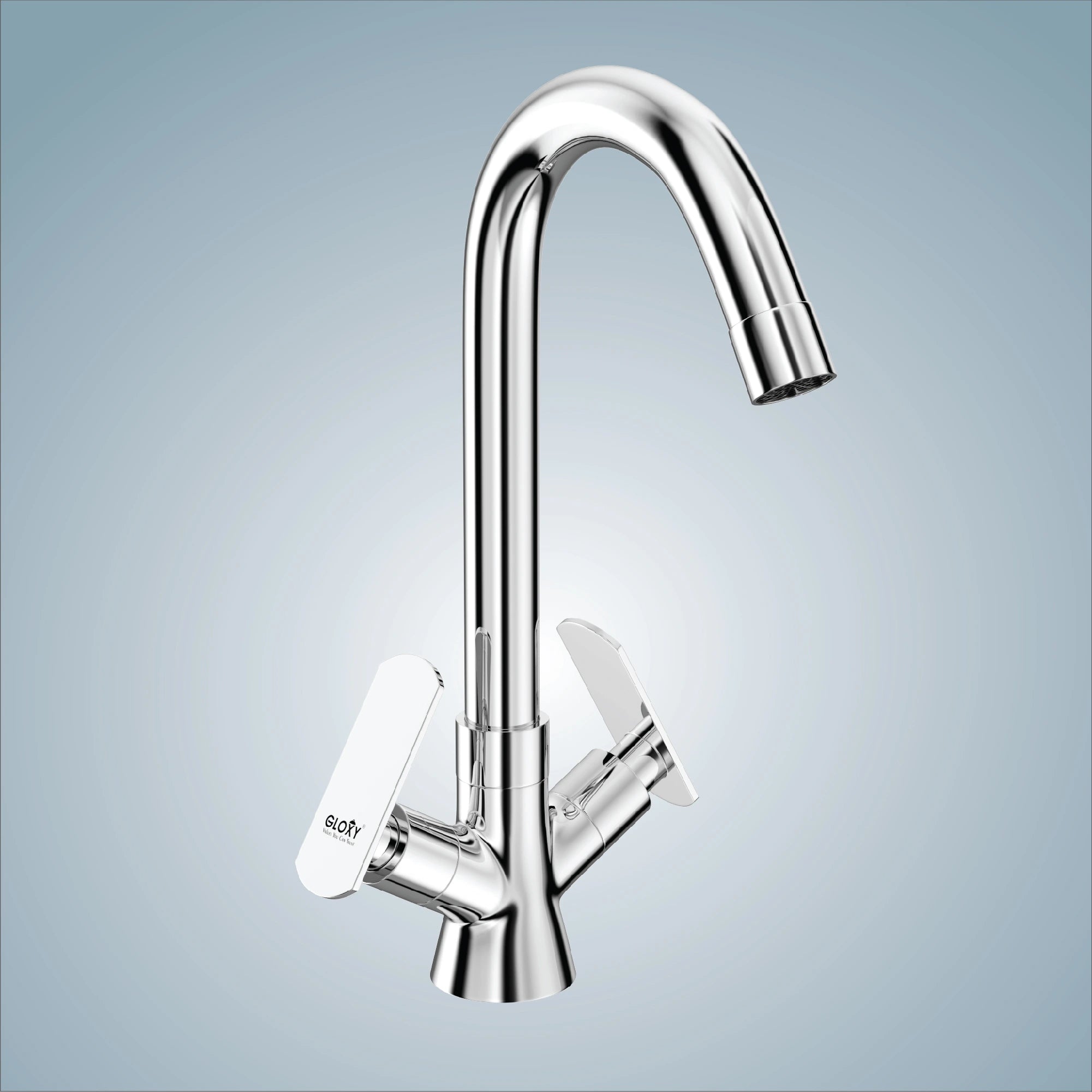 Deck mounted Gloxy daboule lever brass faucet with chrome finish and 360° swivel spout