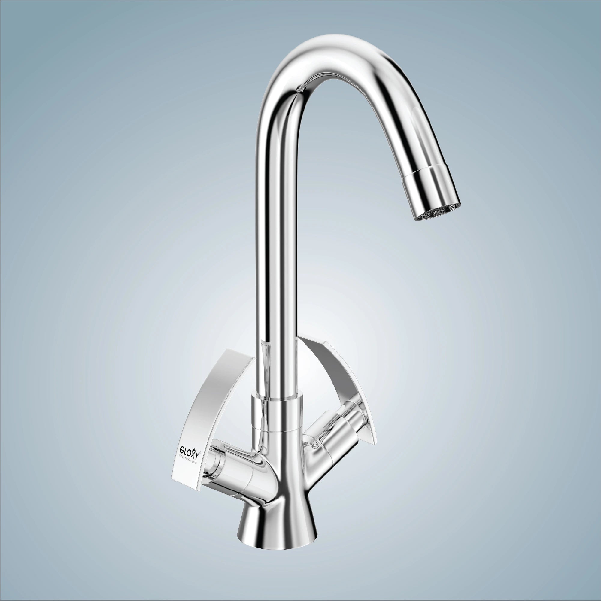 Gloxy Delight Series double lever deck mount brass swan neck sink faucet with 360° swivel spout