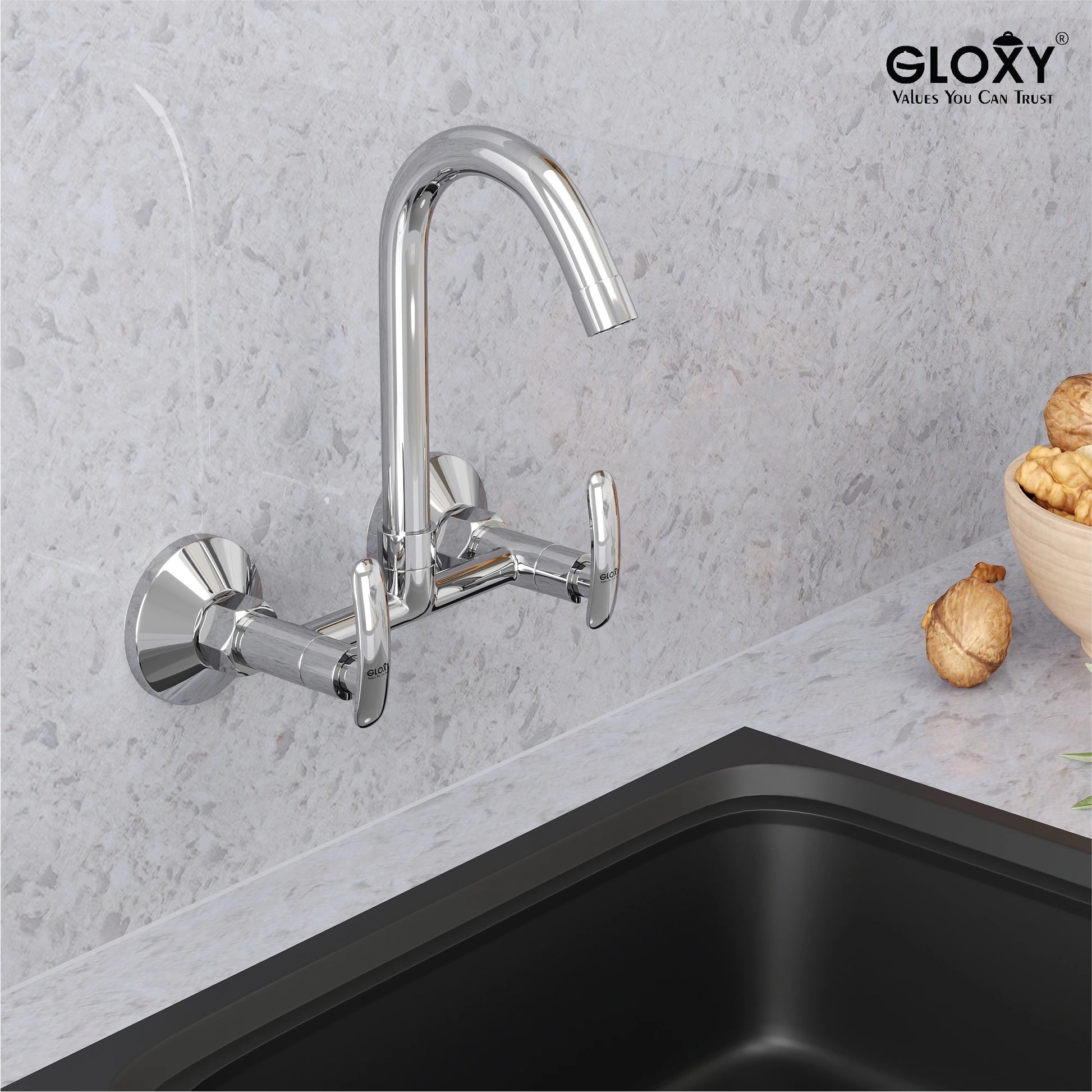 Gloxy Imperial brass sink mixer faucet with dual handle and 360° swivel swan-neck