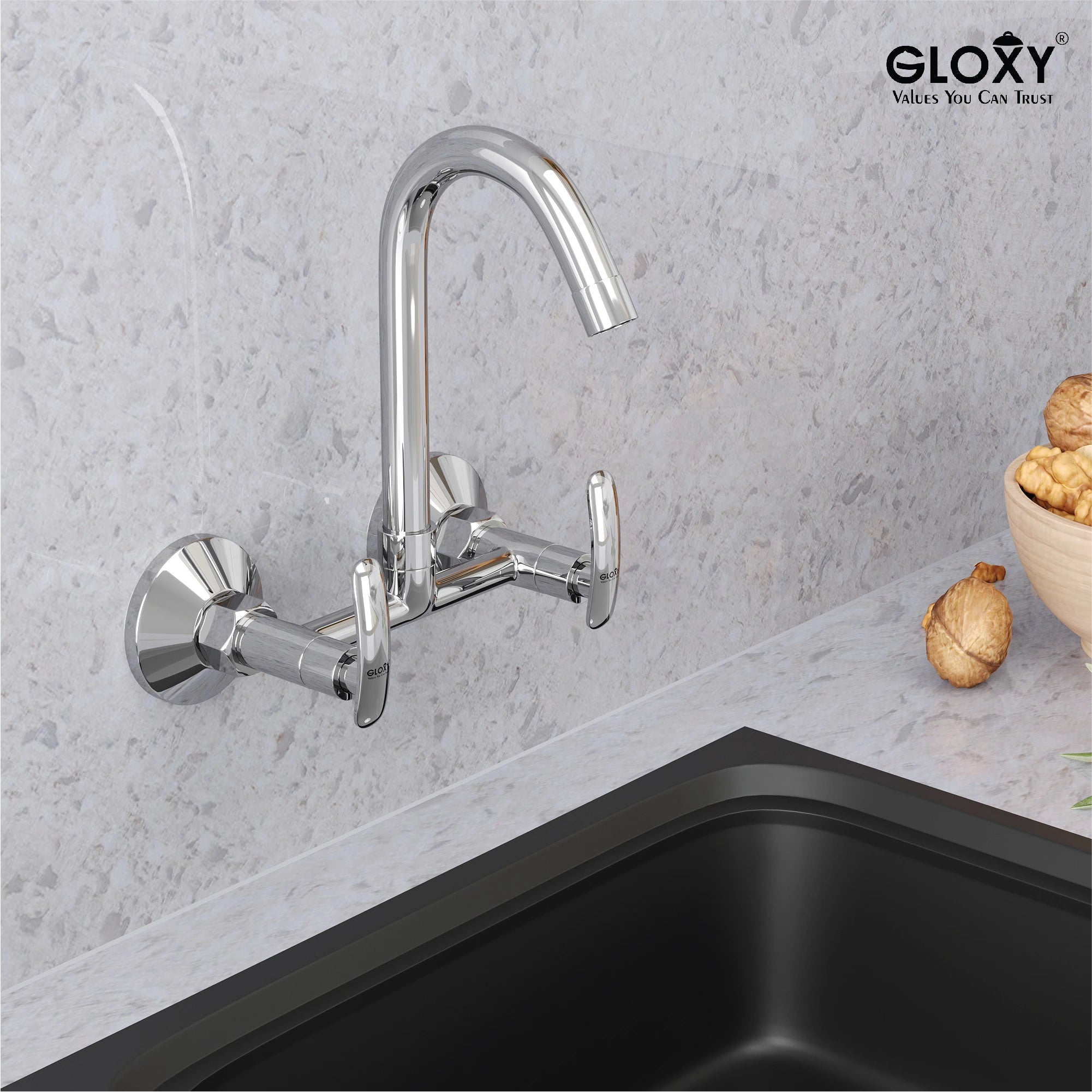 Gloxy Imperial brass sink mixer faucet with dual handle and 360° swivel swan-neck