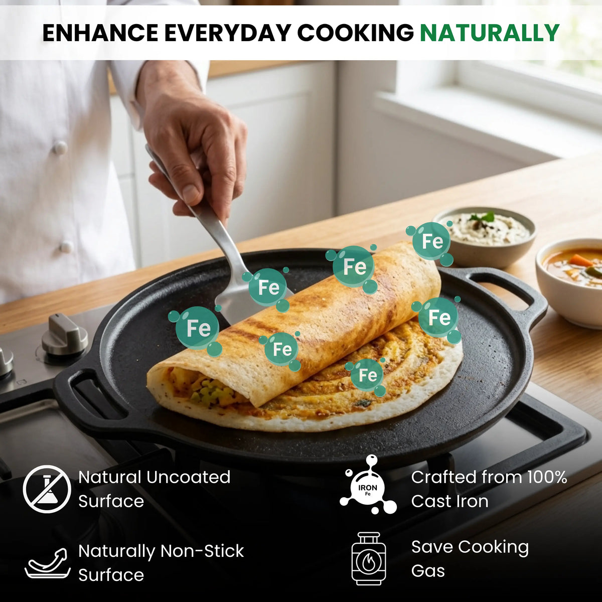 A promotional banner titled 'ENHANCE EVERYDAY COOKING NATURALLY' showing a spatula lifting a dosa from a round Gloxy cast-iron tawa on a stovetop with iron (Fe) chemical symbols floating over the food. Icons along the bottom highlight 'Natural Uncoated Surface', 'Naturally Non-Stick Surface', 'Crafted from 100% Cast Iron', and 'Save Cooking Gas'.