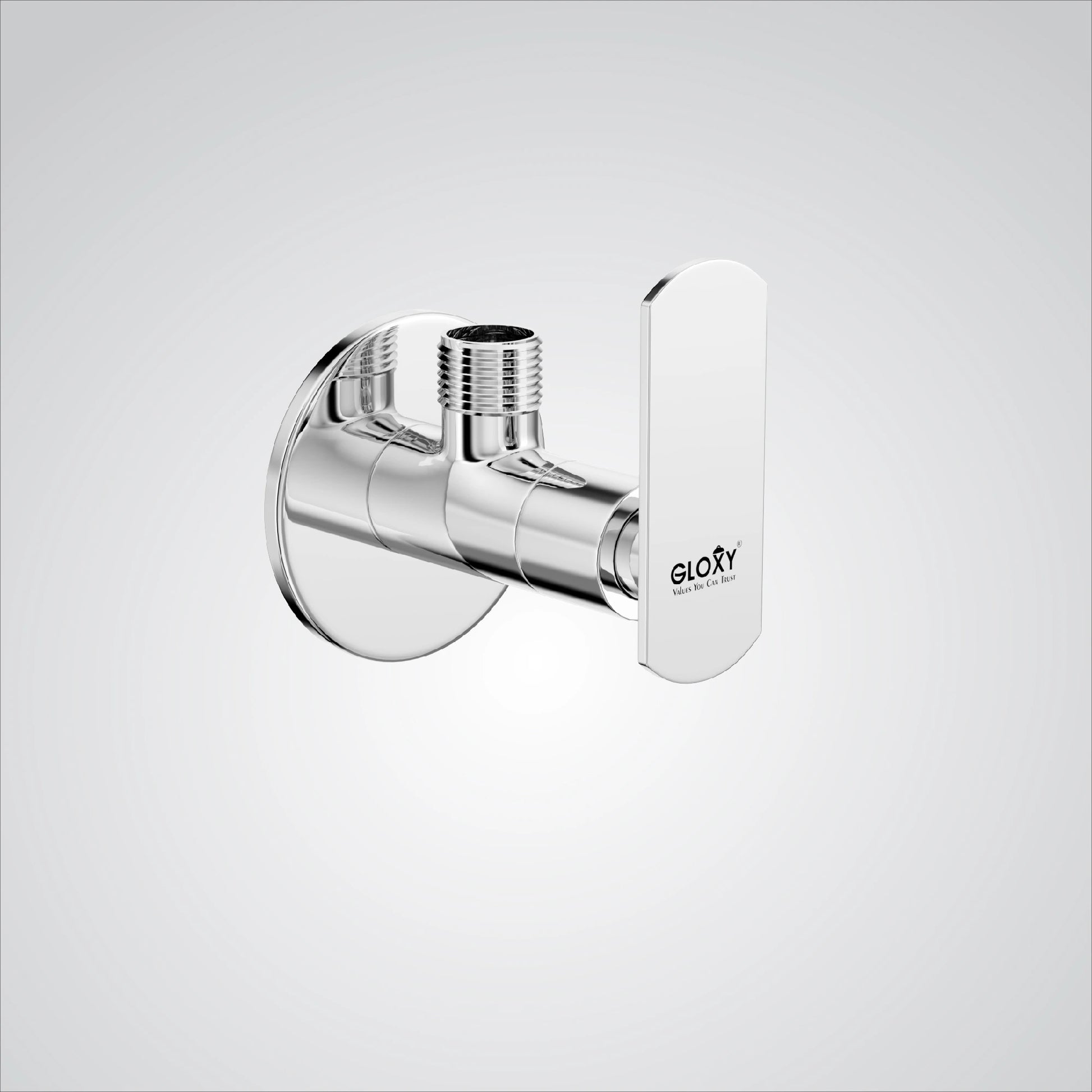Chrome shower valve on a gray background