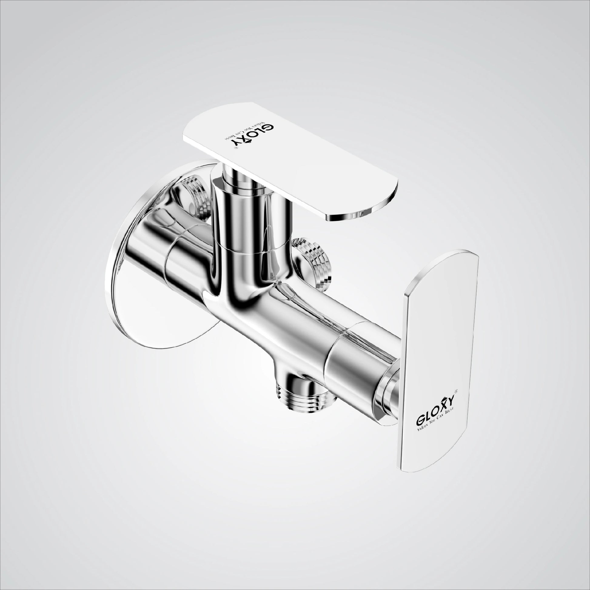 A chrome finish brass angle valve with two handles, branded by GLOXY, designed for connecting washing machines or dishwashers.