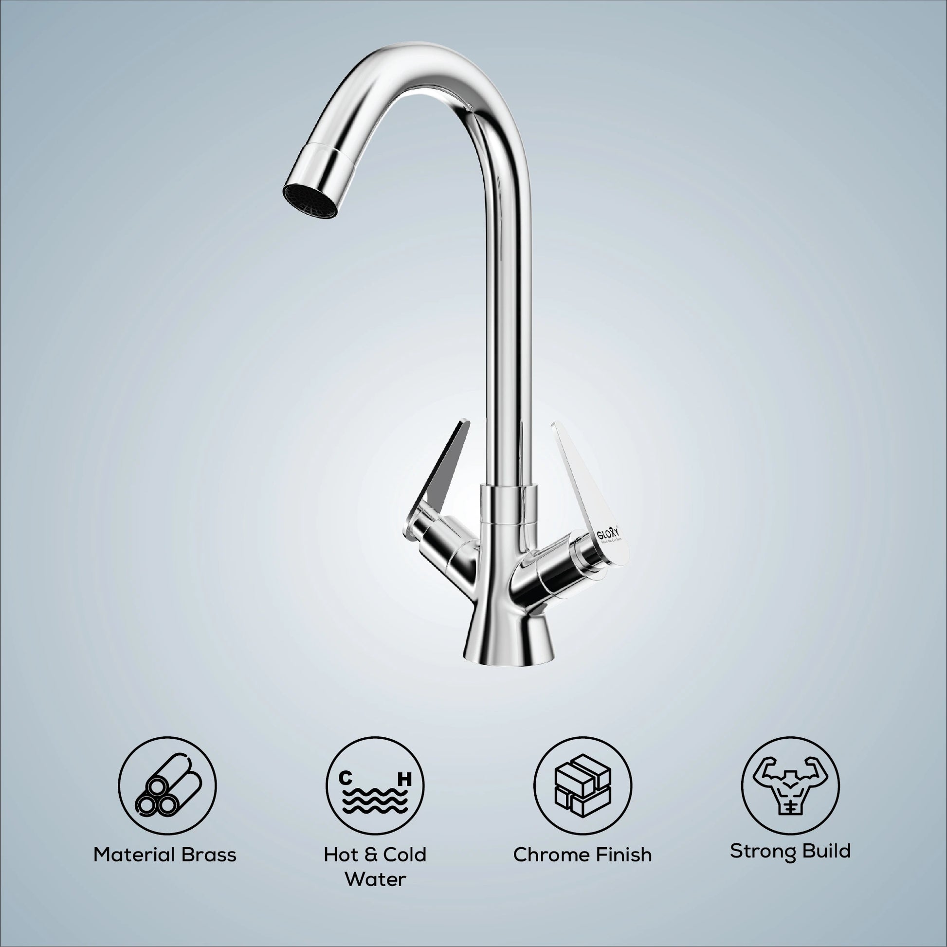 Gloxy deck-mounted faucet featuring a rotating swan-neck spout and dual handle control, crafted in chrome-finished brass.