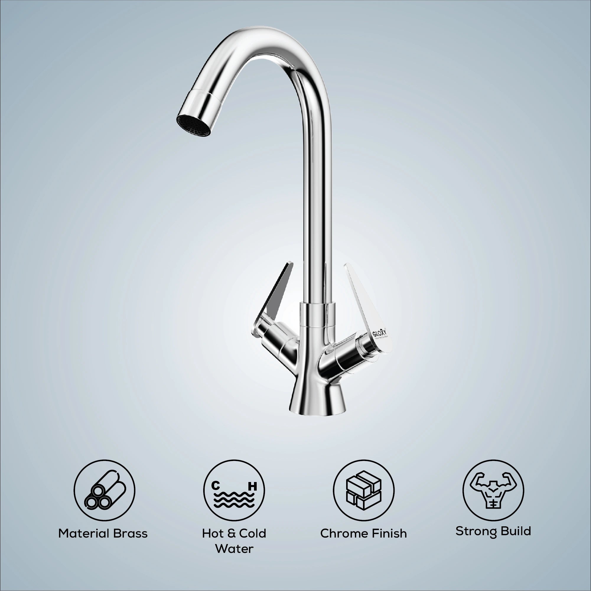 Gloxy deck-mounted faucet featuring a rotating swan-neck spout and dual handle control, crafted in chrome-finished brass.