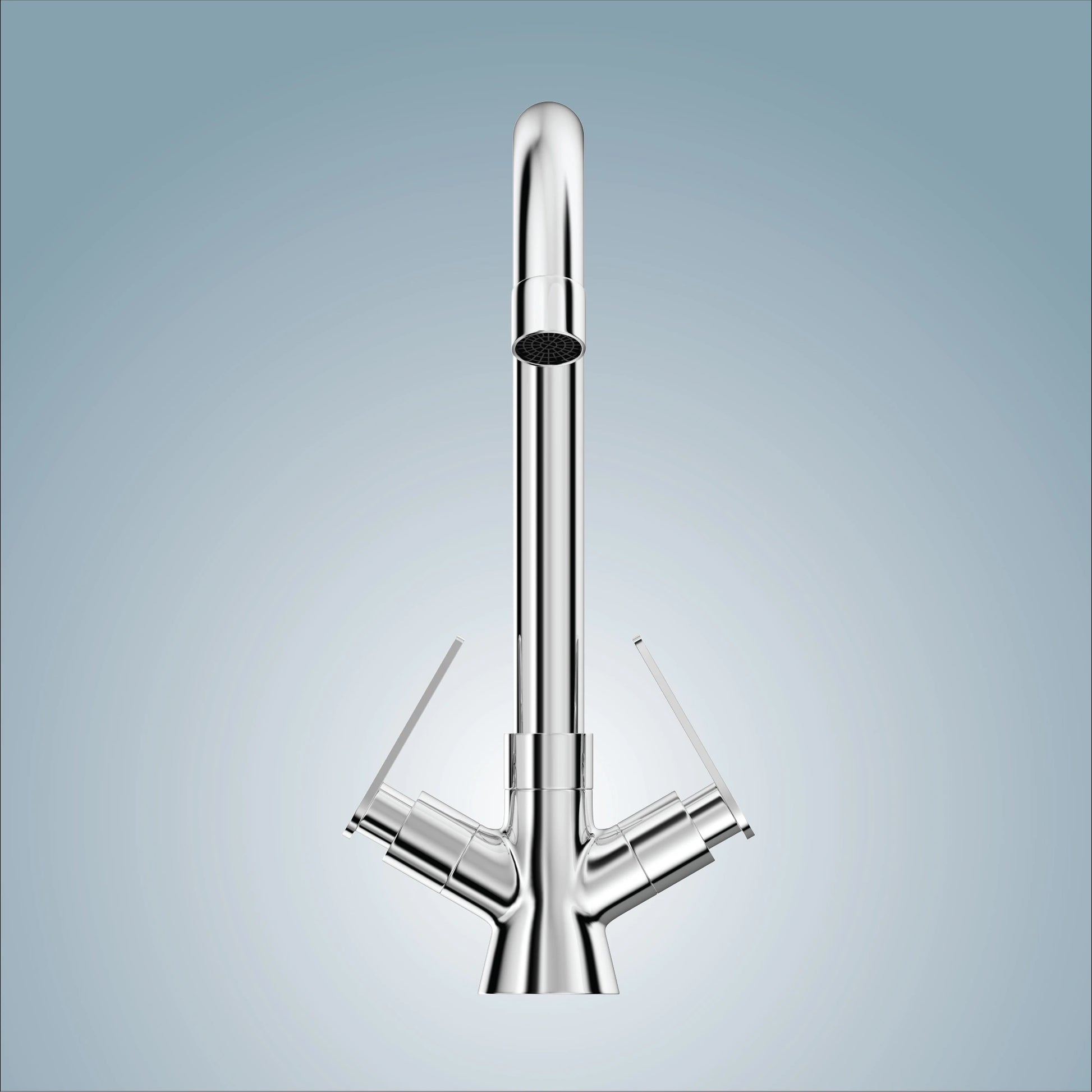 Deck mounted brass swan neck kitchen sink faucet with double handles,ideal for modern sinks.