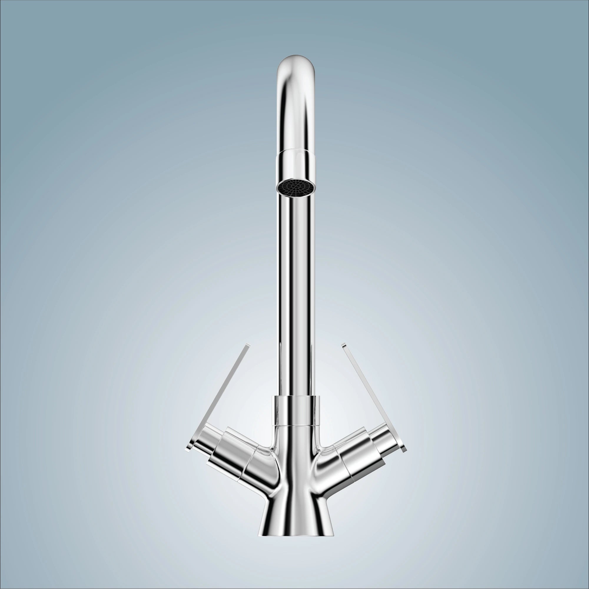 Deck mounted brass swan neck kitchen sink faucet with double handles,ideal for modern sinks.