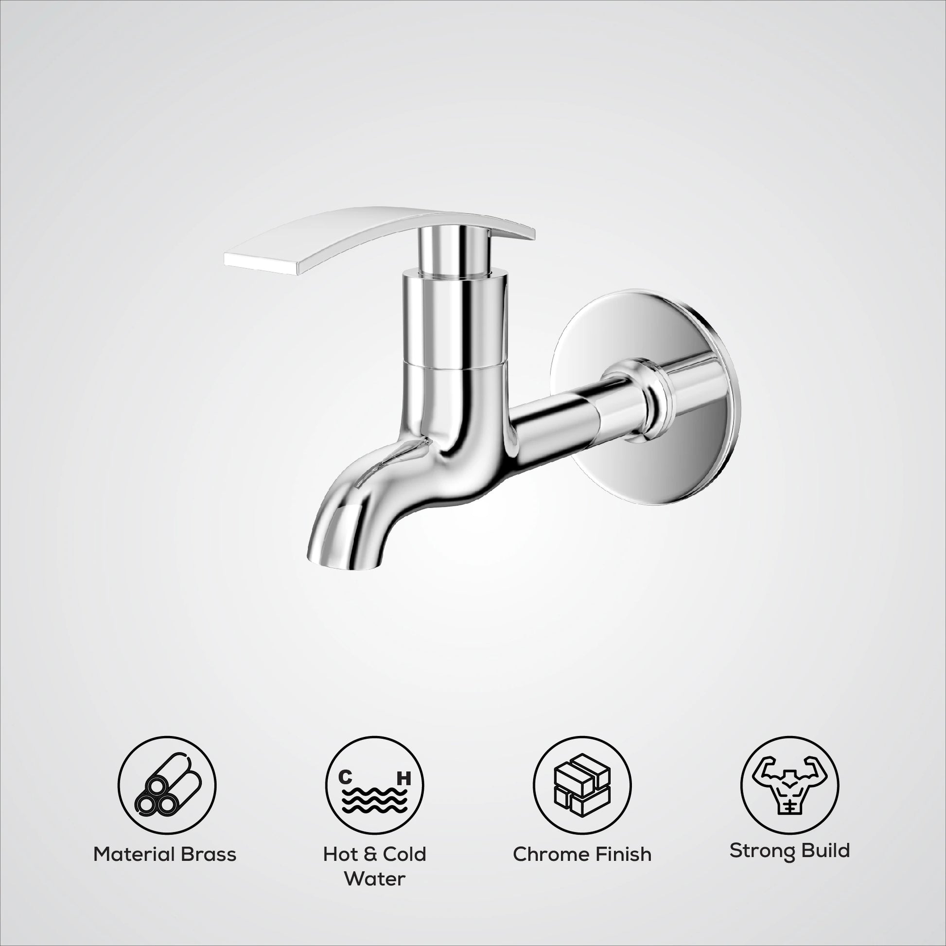 Chrome wall-mounted faucet with feature icons below