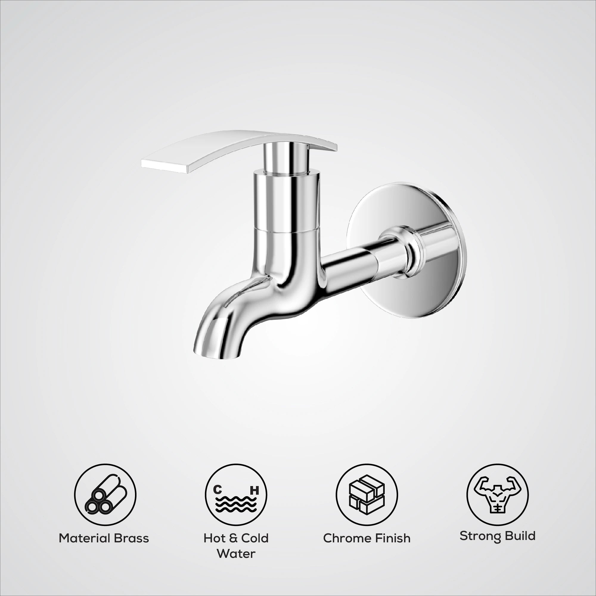 Chrome wall-mounted faucet with feature icons below