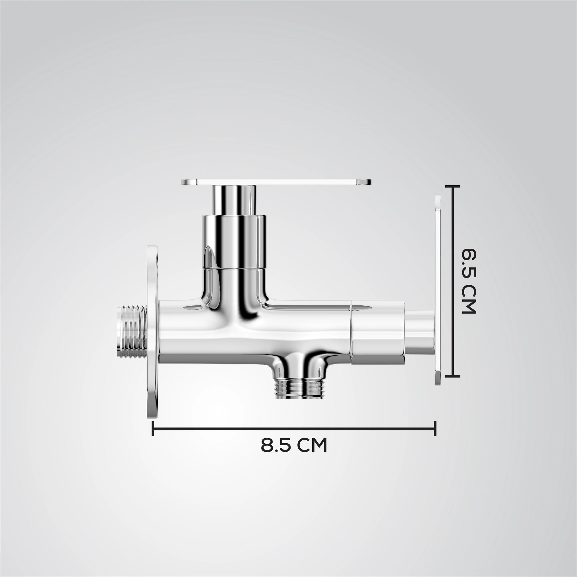 Chrome plumbing valve with measurements on a gray background