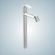 Chrome kitchen faucet on a light blue background