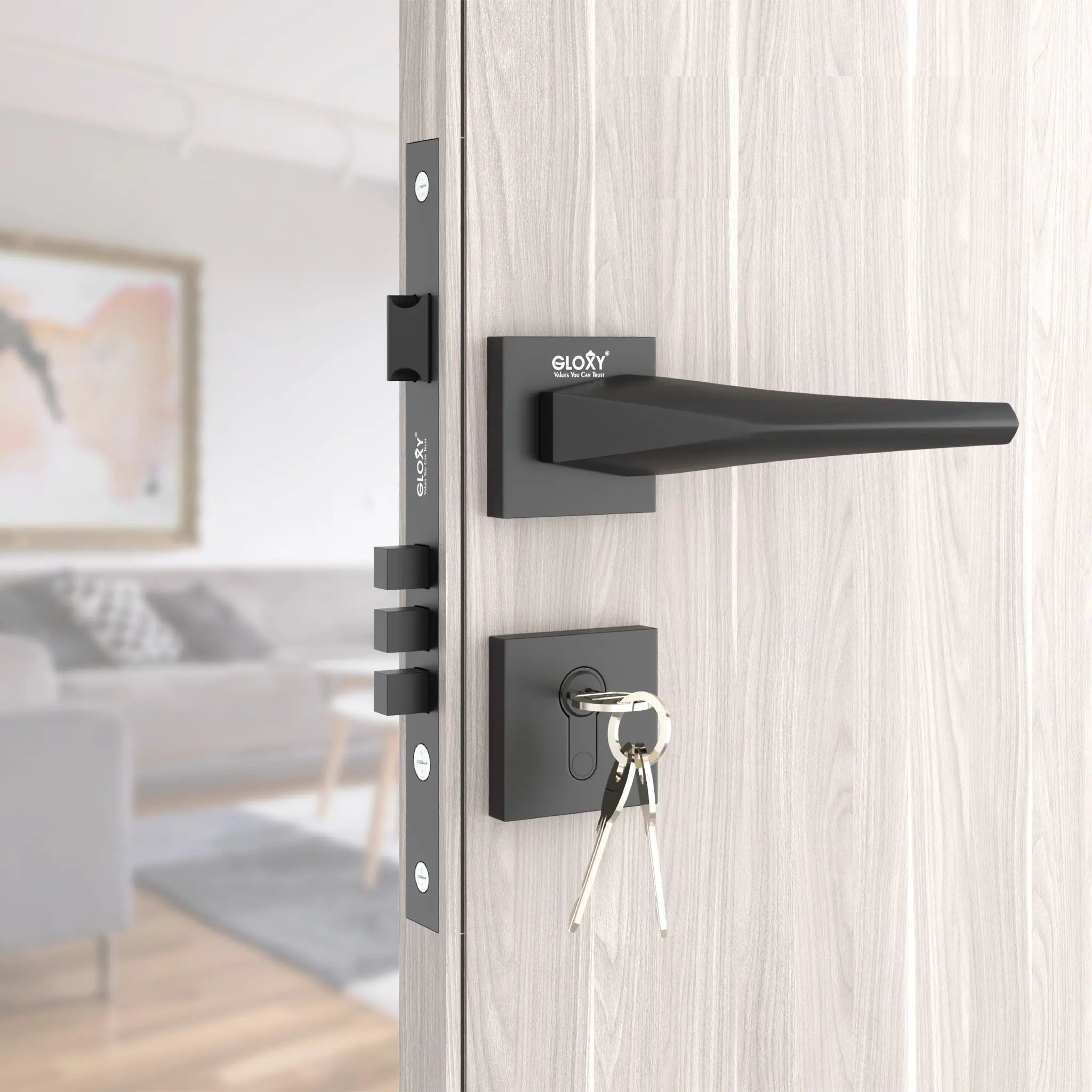 Gloxy zemtron Series Black Finish Mortise Main Door Key Lock With Handle