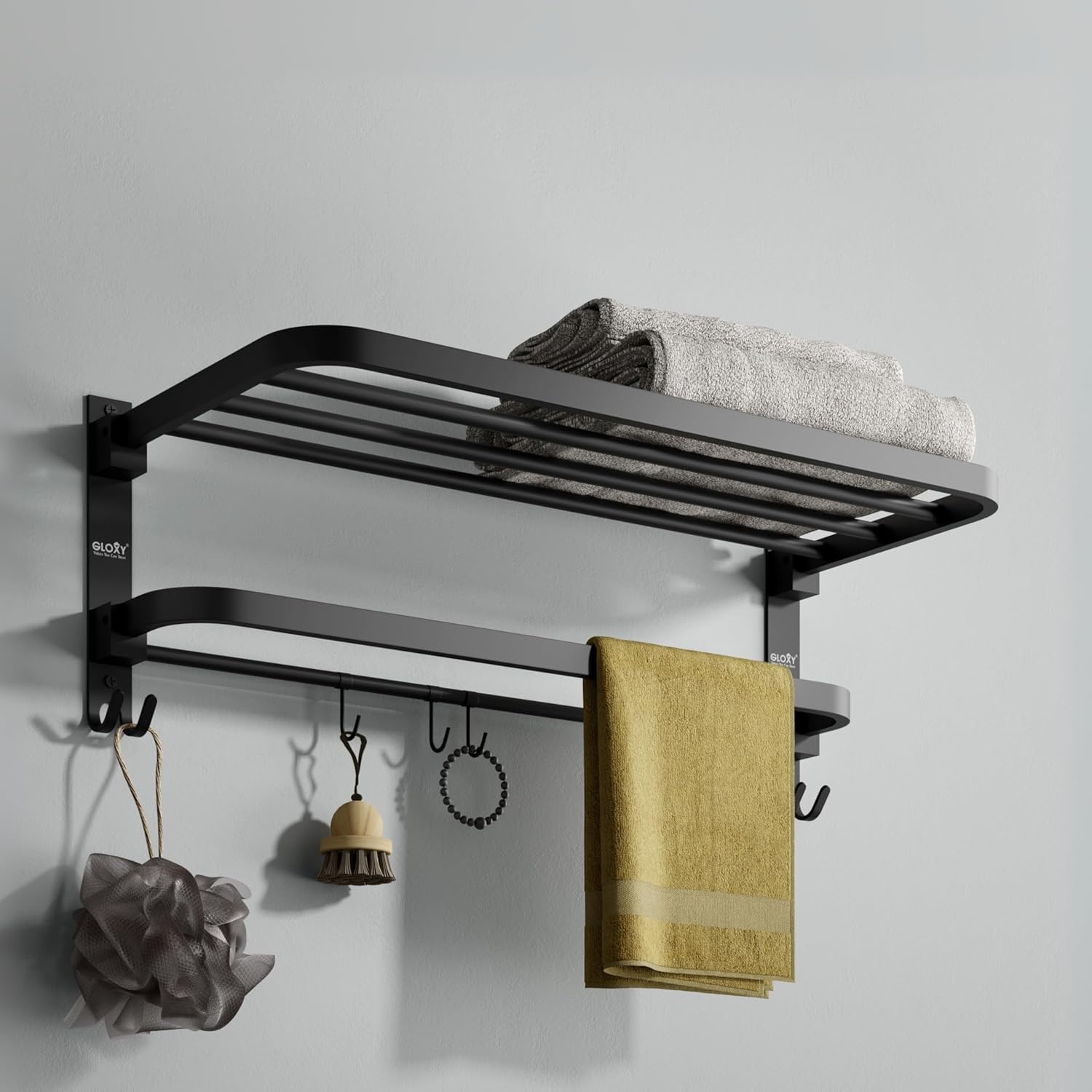 Gloxy Round Shape Stainless Steel Black Finsih Towel Bathroom Rack with Folding Bar-24 Inch