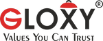 Gloxy logo with red and black design on a white background
