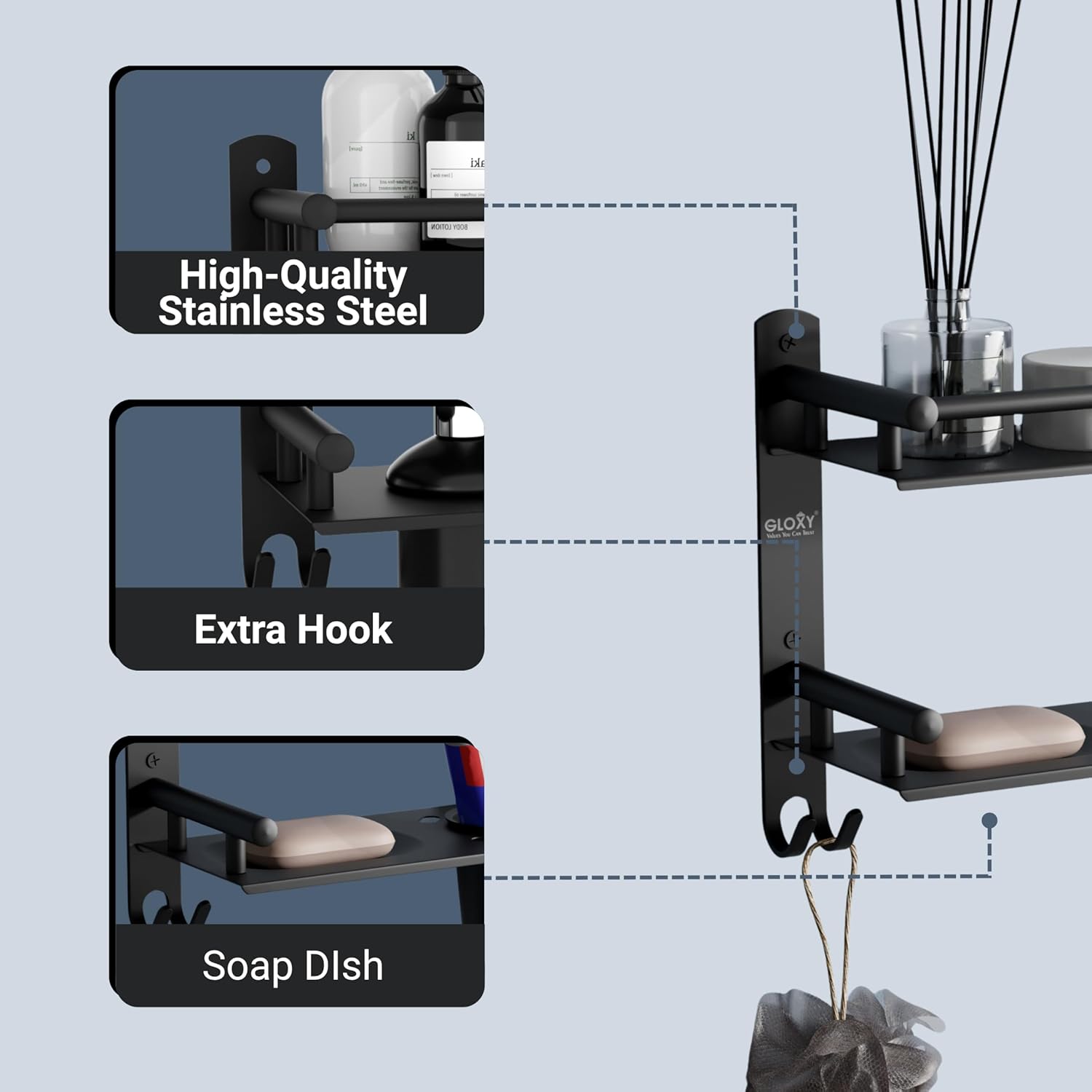 Gloxy Stainless Steel 2-Layer Black Finish Bathroom Shelf with Tumbler Holder, Soap Dish & Liquid Dispenser