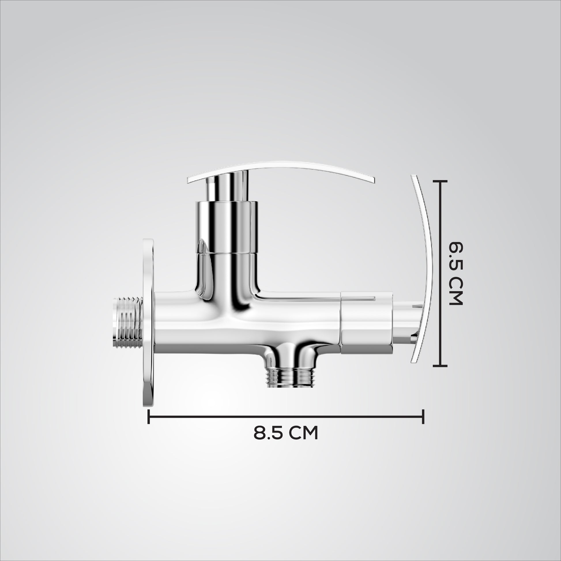 Chrome angle valve with dimensions labeled on a gray background