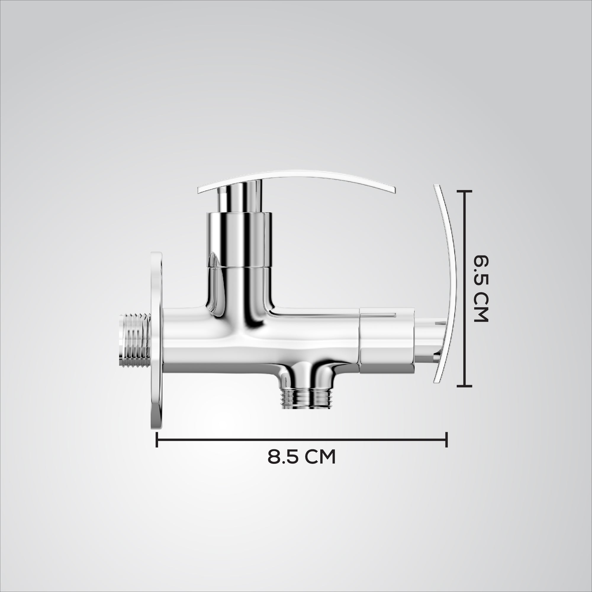 Chrome angle valve with dimensions labeled on a gray background