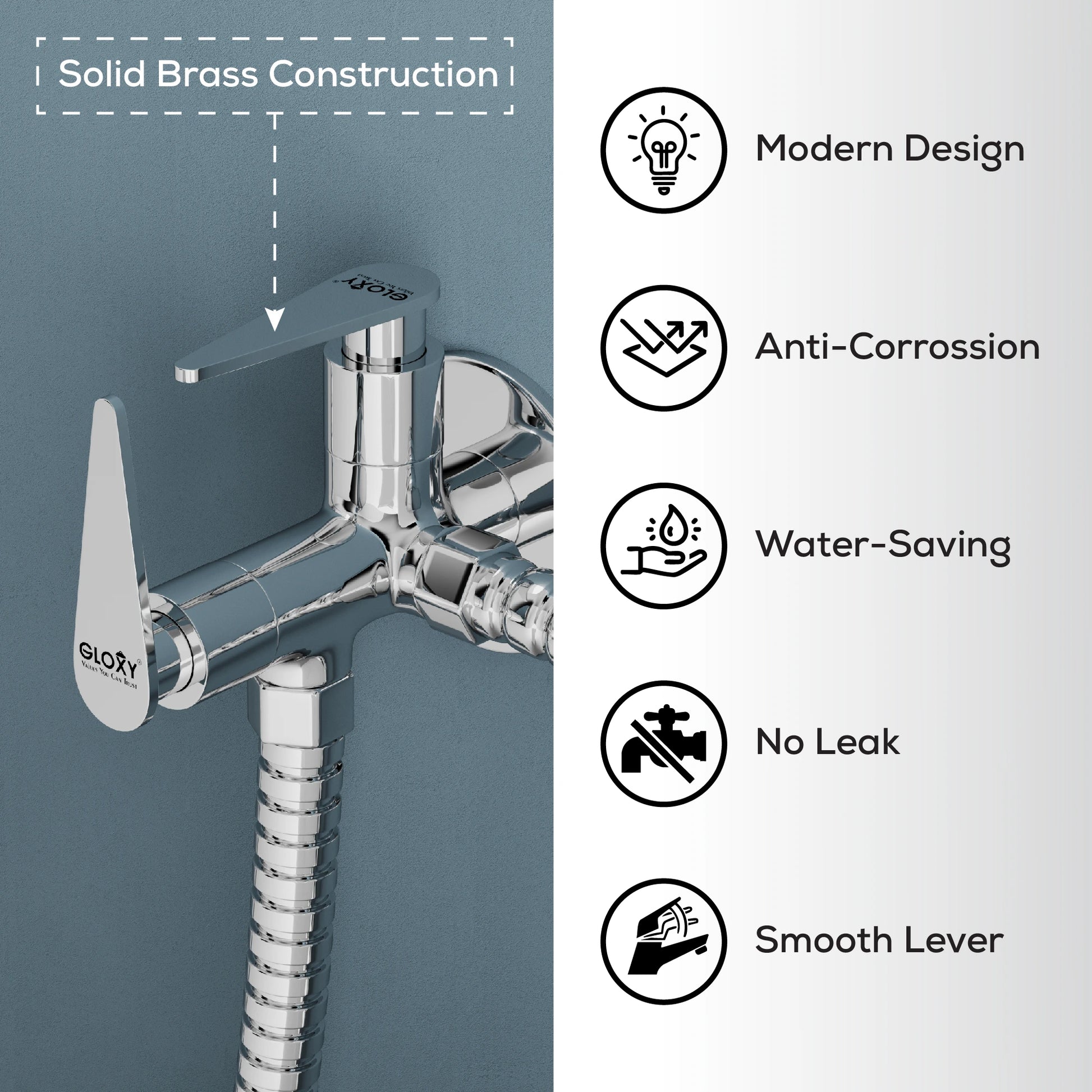 Chrome faucet with feature icons on a gray background
